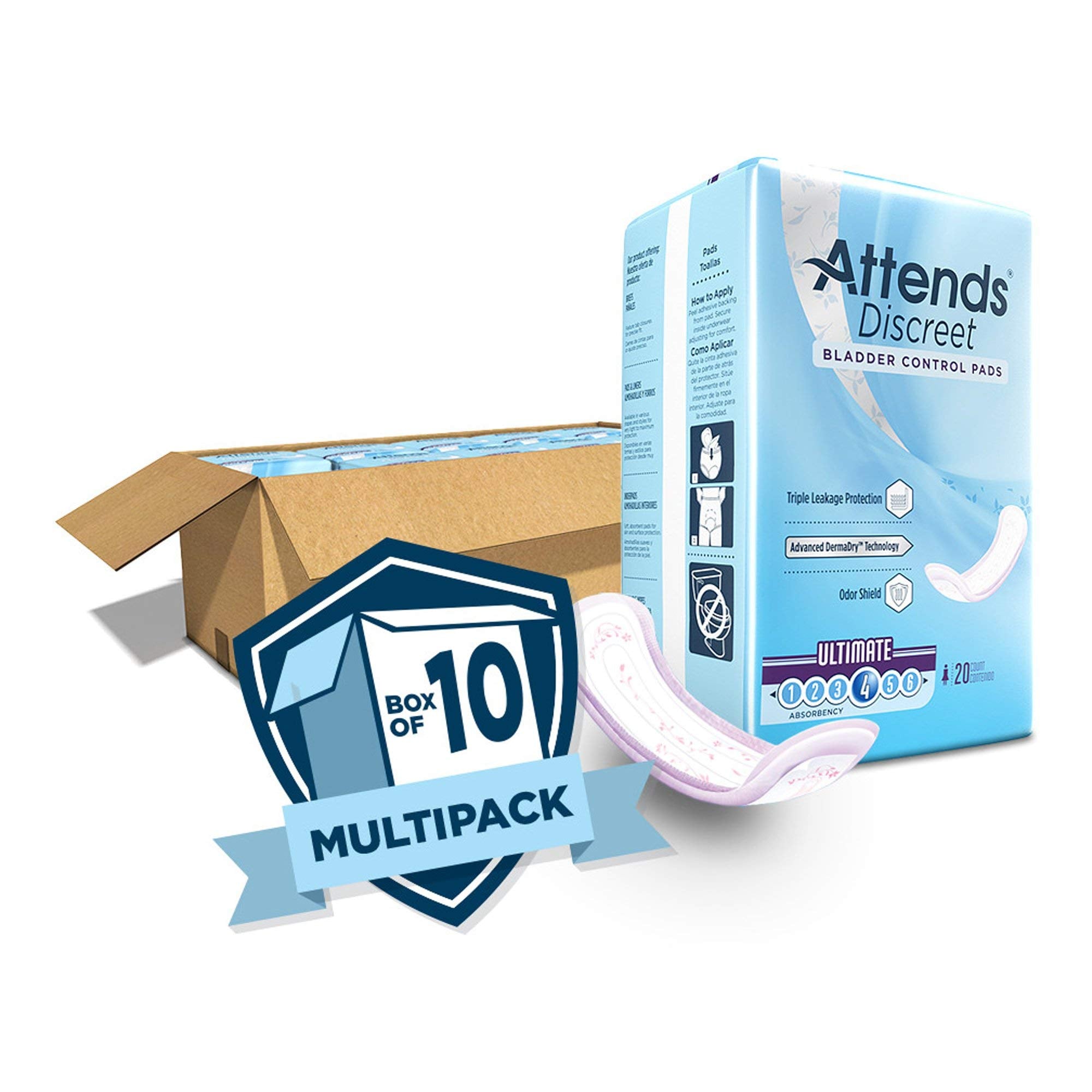 Attends Discreet Incontinence Care Women's Bladder Control Pads with Advanced DermaDry Technology, Ultimate Absorbency, 15'' Lon