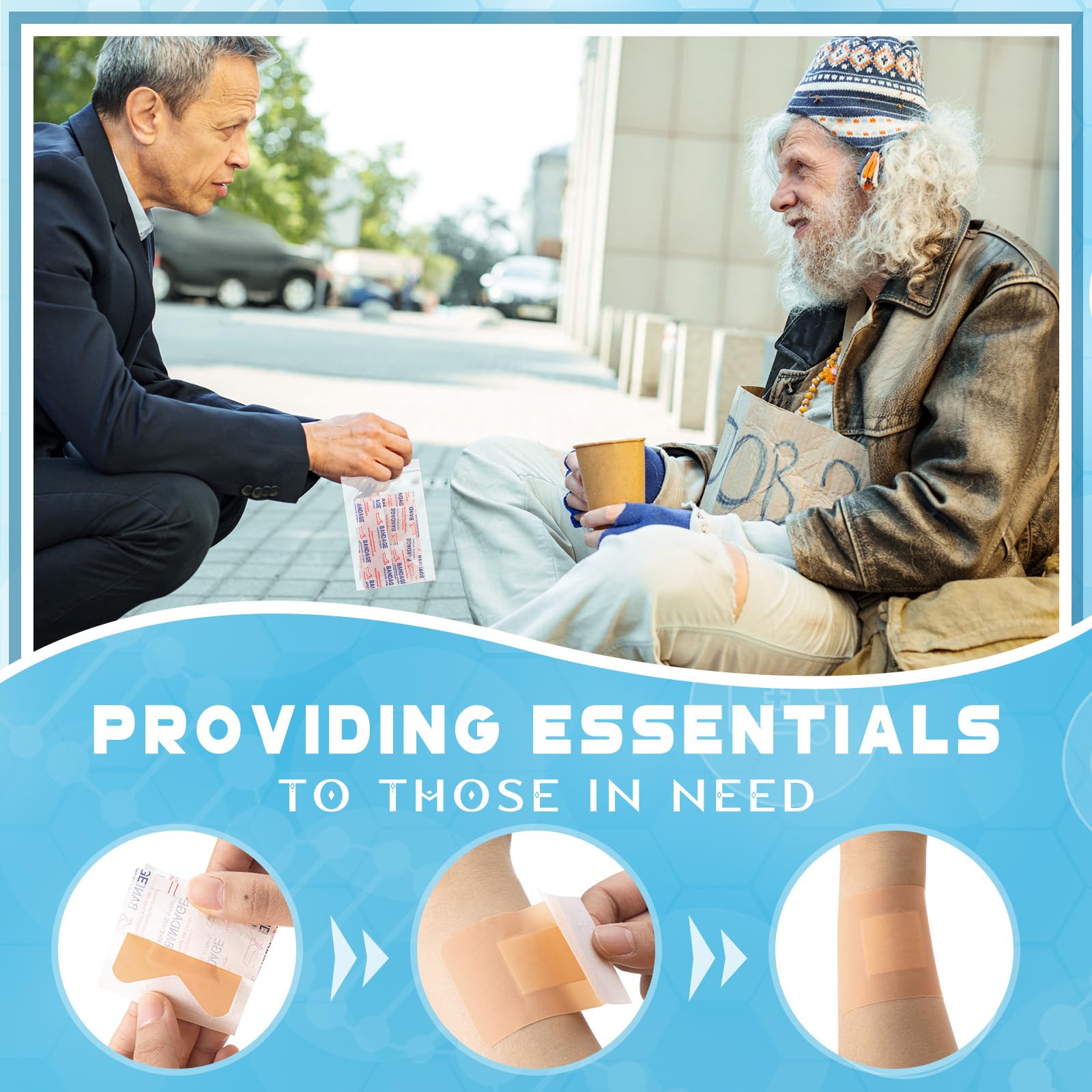Geiserailie 500 Pcs Hygiene Kits for Homeless in Bulk Assorted Sizes Fingertip Bandages Waterproof, 50 Pack Individually Wrapped