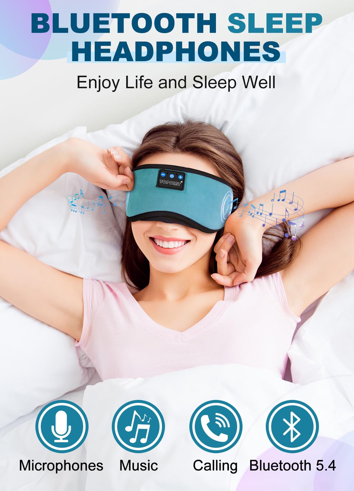 TOPOINT Sleep Mask with Headphones Bluetooth 5.4 Wireless, Sleep Headphone with Microphone Built-in HD Speakers Music, Eye Mask