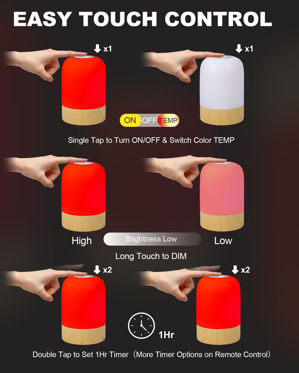 Aoife 670nm Red Light Sleep Lamp for Bedside Sleep with 4 Color Modes Red Warm White Natural Cool White 10 Brightness Levels Tou
