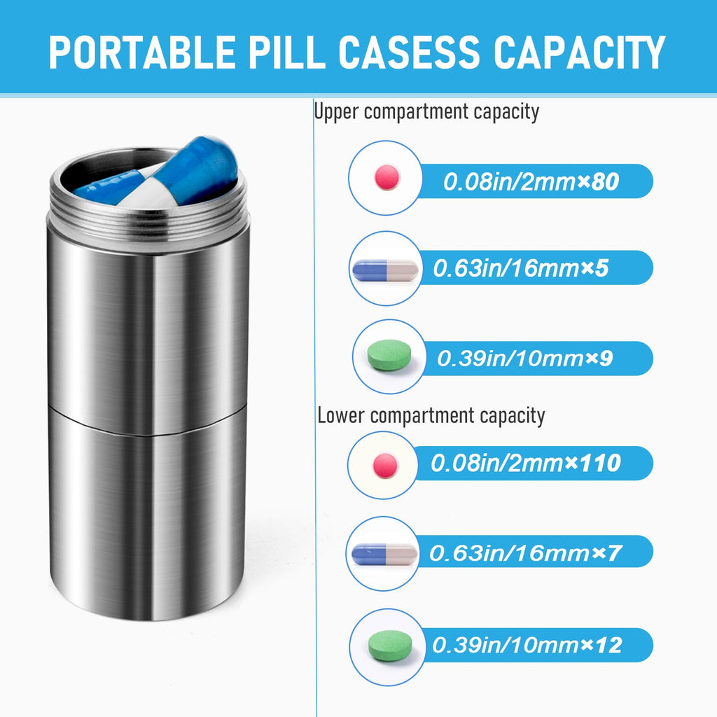 TISUR Pill Case, Titanium Keychain Pill Holder, 2 Compartments Small Metal Pill Box Tiny Waterproof Pill Bottle Pocket Portable