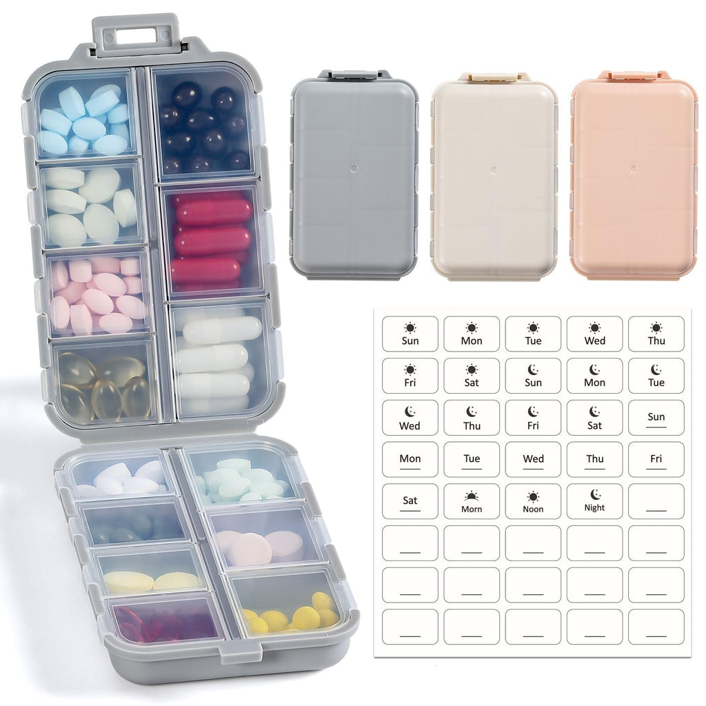 3 Pack, 14 GRIDS Travel Pill Organizer Box with Labels - Travel Medicine Case Kit - Pocket Daily Pharmacy Container - Travel Med