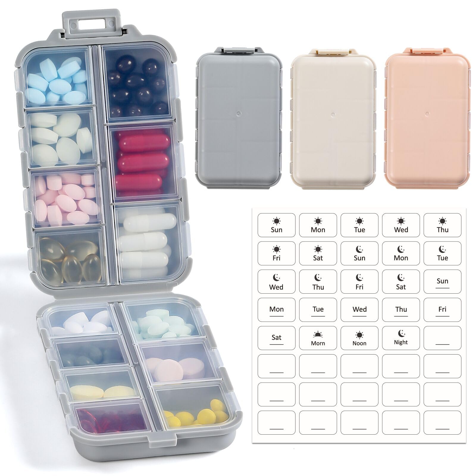 3 Pack, 14 GRIDS Travel Pill Organizer Box with Labels - Travel Medicine Case Kit - Pocket Daily Pharmacy Container - Travel Med