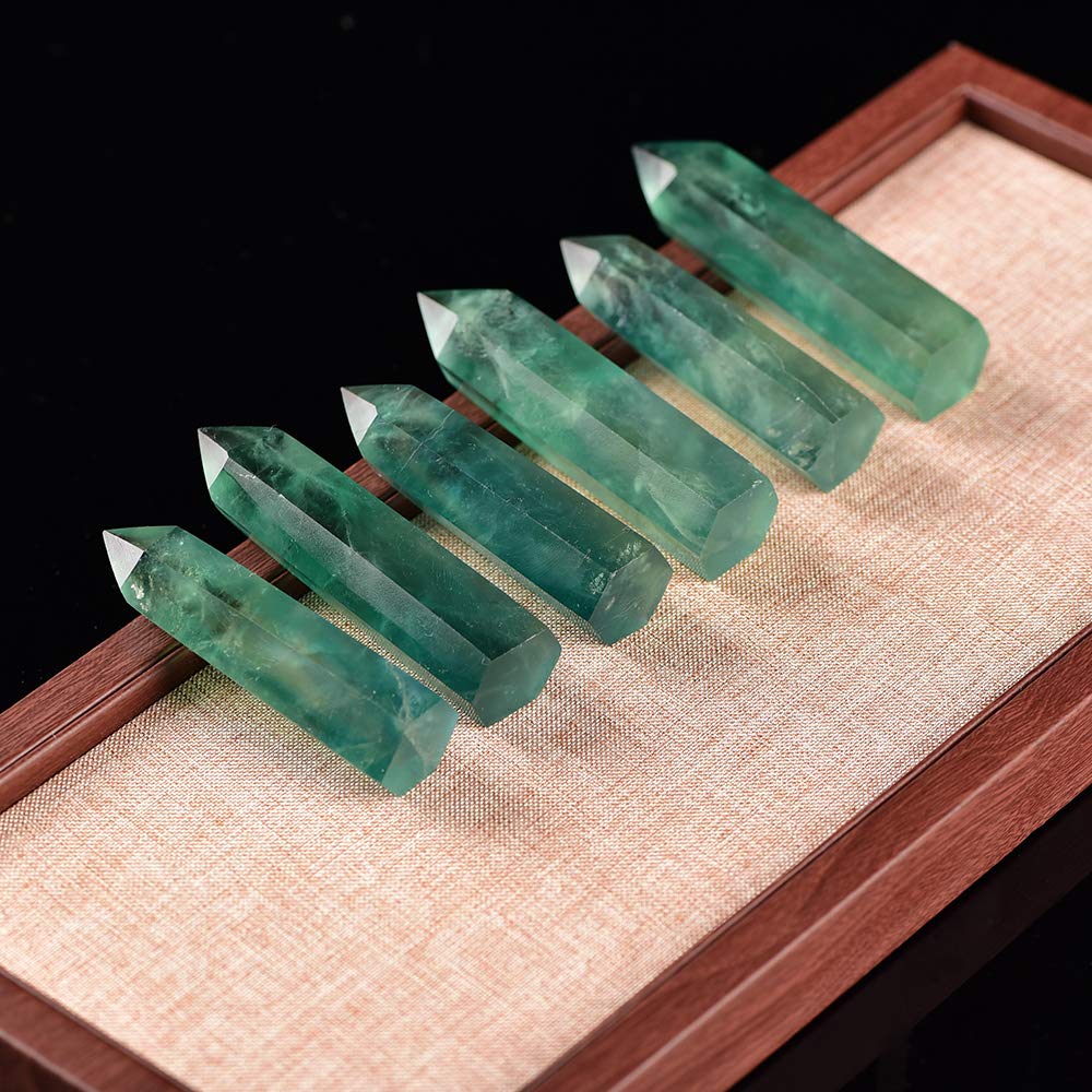 Runyangshi Green Fluorite Natural Healing Crystal Wands Height 2-2.4, 6 Faceted Prism Wand Reiki Chakra Stone, Natural Quartz