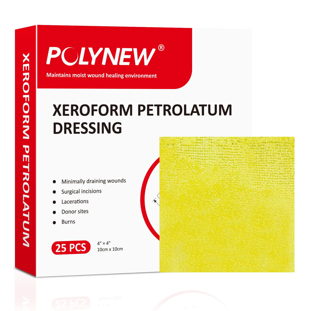 POLYNEW Xeroform Petrolatum Dressing 4x4, 25 PCS Non-Adherent Gauze for Low Exudating Wounds, Fine Mesh Gauze Pads for Burns, Ab