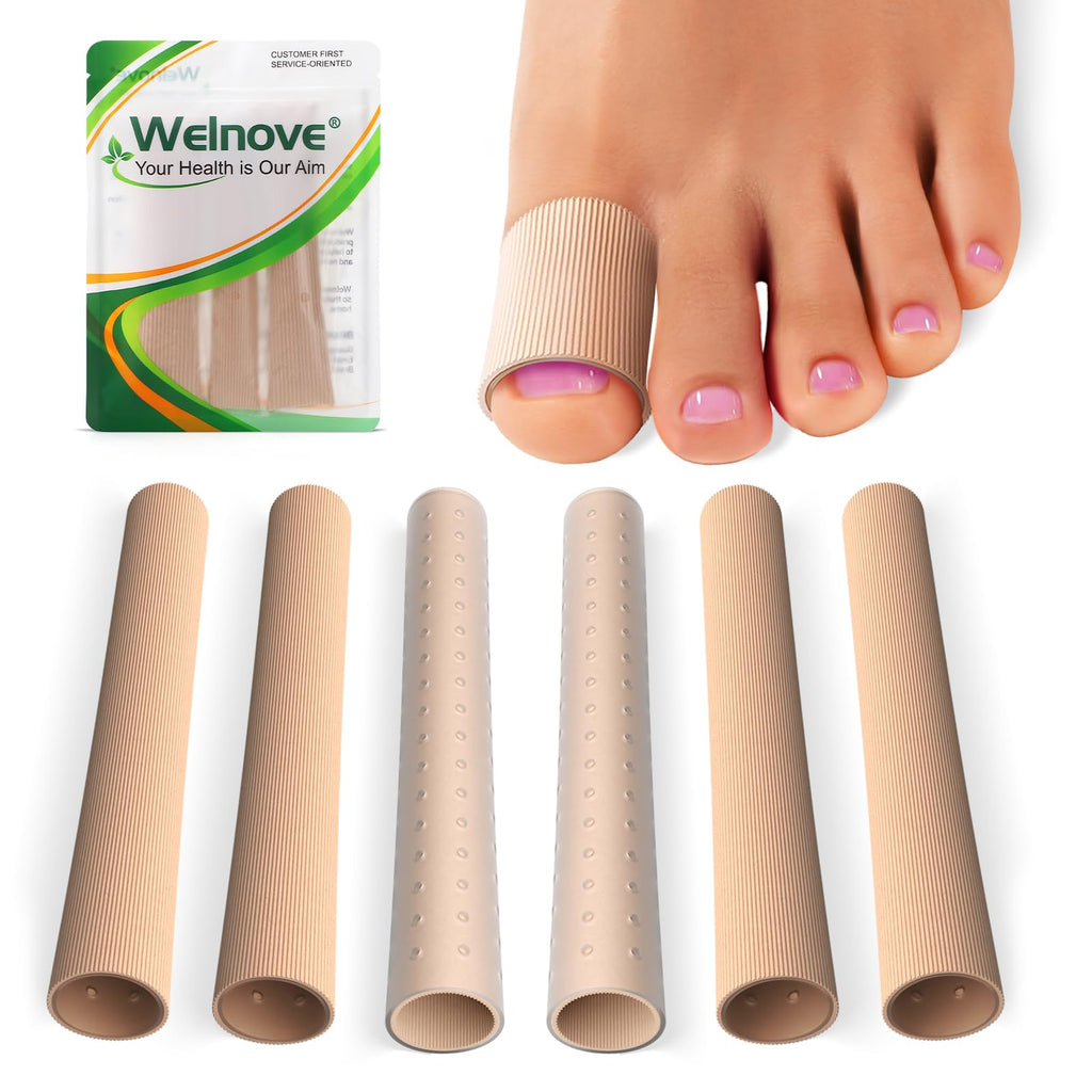 Welnove Toe Tubes Sleeves Protectors - 6 Pack Toe Cushions for Pain Relief - Fabric & Breathable Gel Lining Toe Protectors for C