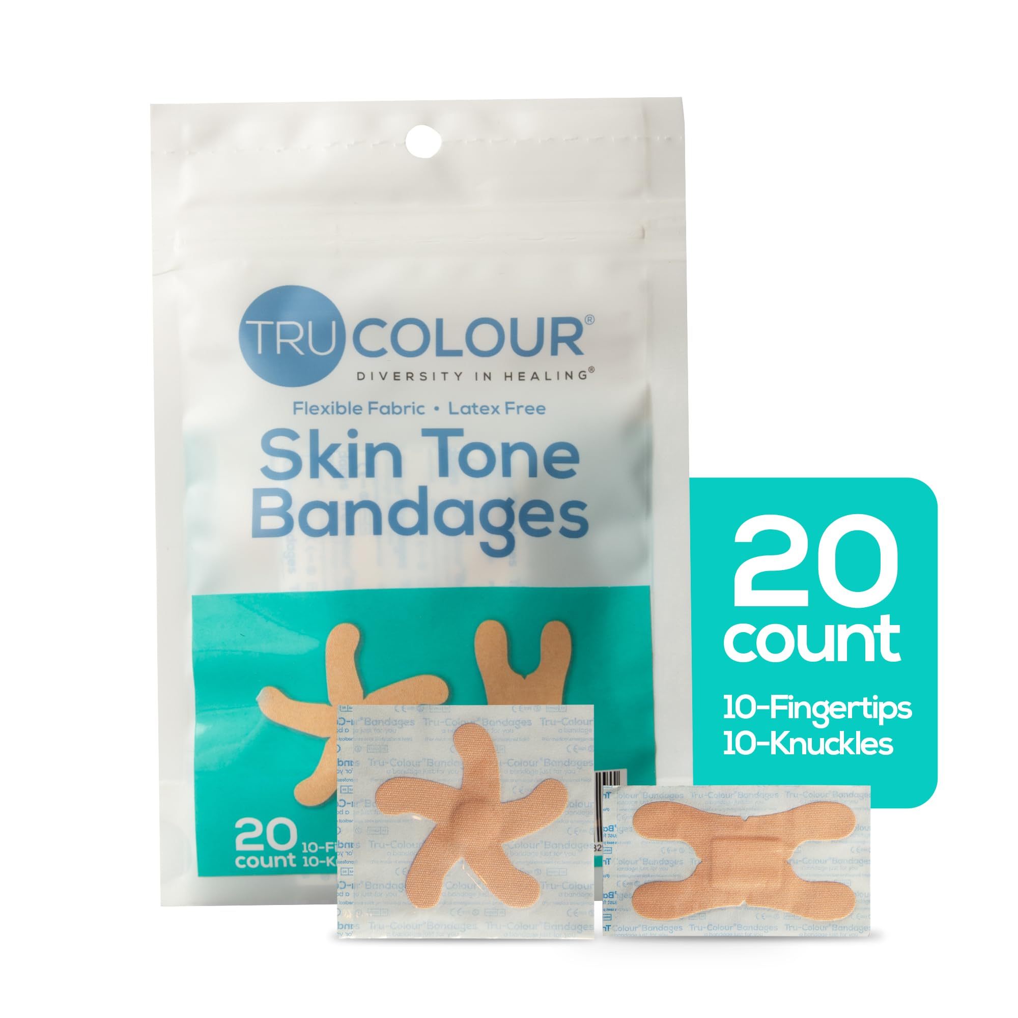 Tru-Colour Skin Tone Bandages Variety Pack - Flexible Fabric Adhesive Strips, Fingertip, Knuckle Bandages - Beige, 2 Pack, 50 Co