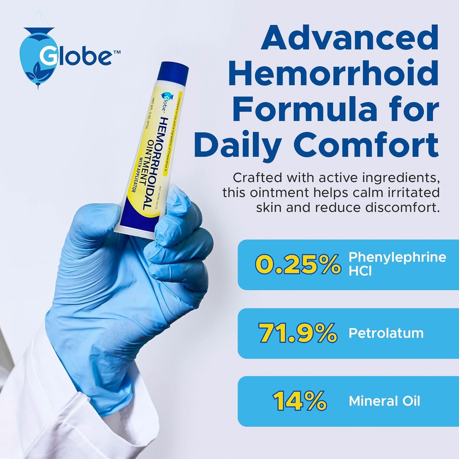 Globe Hemorrhoidal Ointment, Phenylephrine HCl, Petrolatum, Mineral Oil, Relief from Burning, Itching and Discomfort of Hemorrho