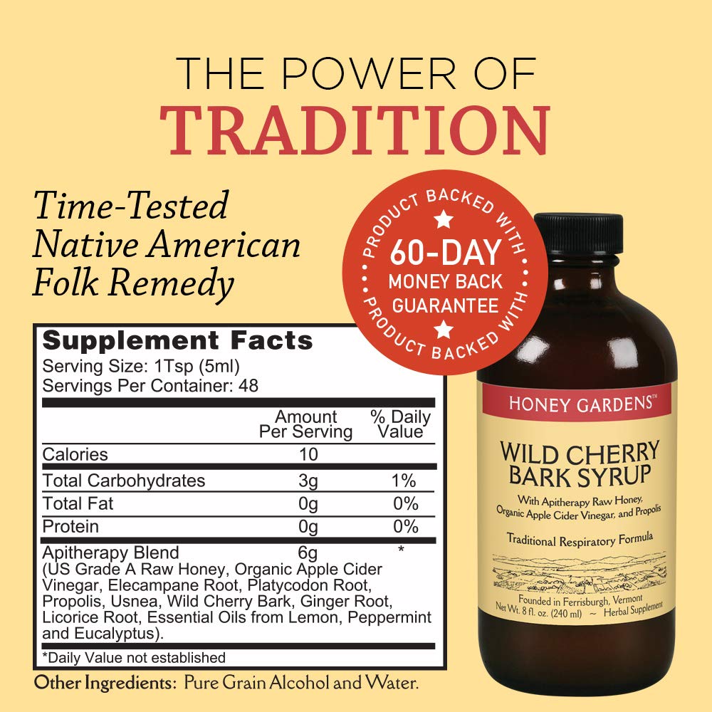 Honey Gardens Wild Cherry Bark Syrup | Traditional Respiratory Formula w/ Apitherapy Raw Honey | 48 Servings | 8 fl oz