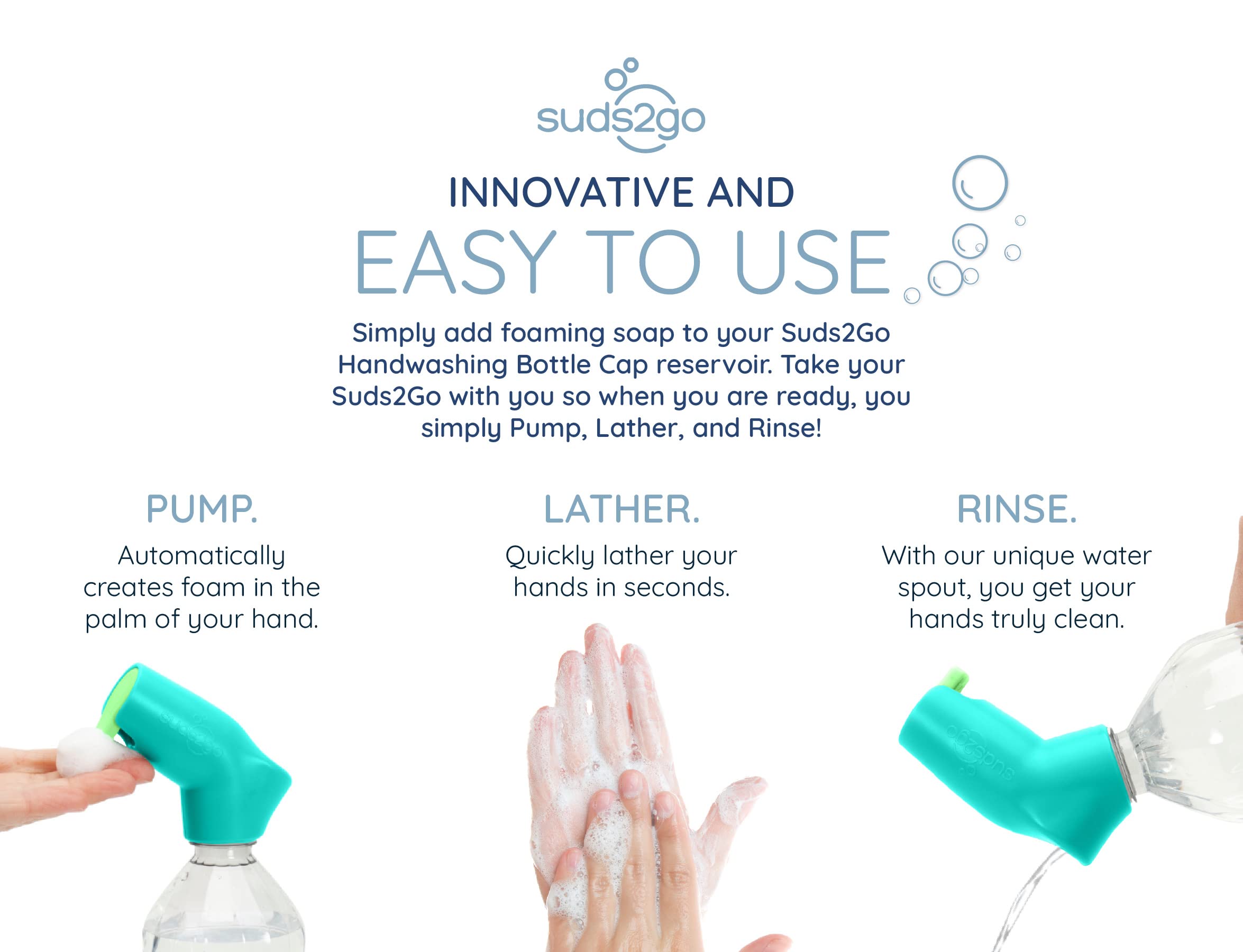Suds2Go Refillable Caps, 2 Pack - Universal Fit Turns Most Disposable Water Bottles Into A Hand Washing Station - Includes Refil