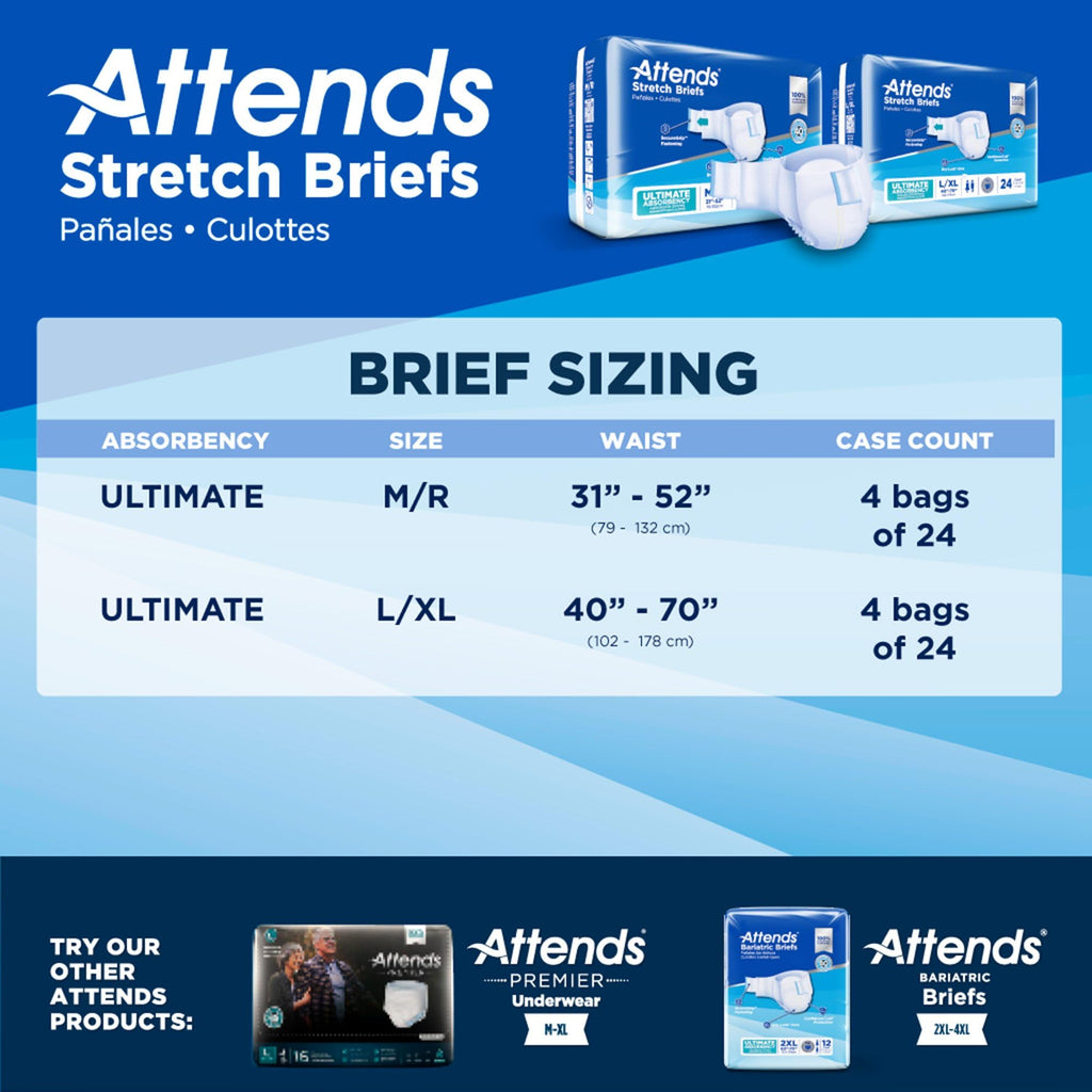 Attends Stretch Adult Disposable Briefs, Large/X-Large, 40-70 Waist with Tab Closure, Ultimate Absorbency with Dry-Lock Containm