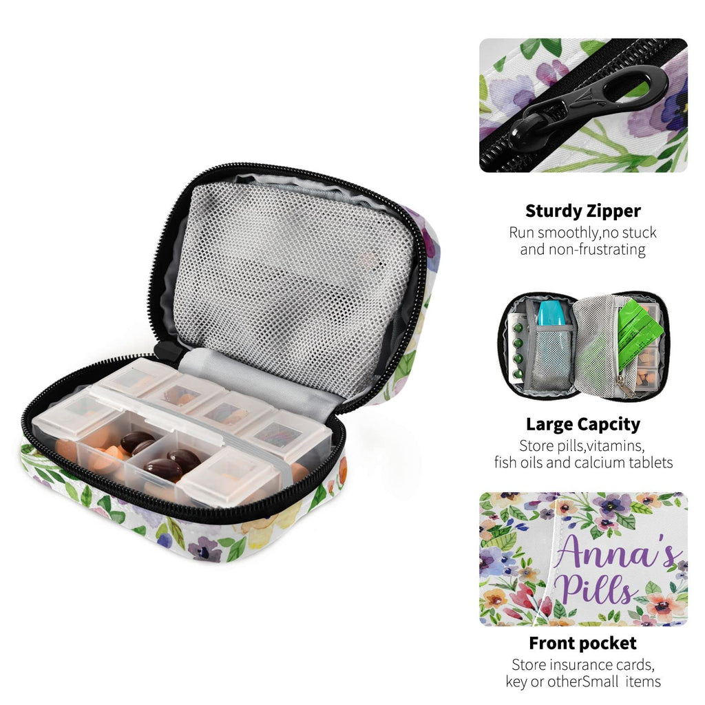 Custom Pill Box 7 Day Pill Case Bag Watercolor Spring Flowers Personalized Name Travel Pill Organizer Bag with Zipper Portable W