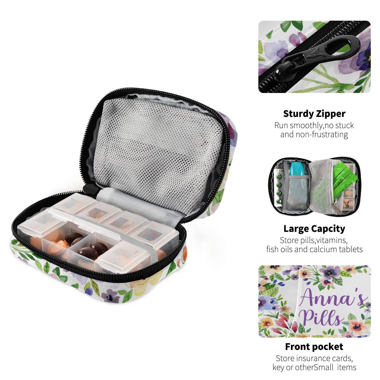 Custom Pill Box 7 Day Pill Case Bag Watercolor Spring Flowers Personalized Name Travel Pill Organizer Bag with Zipper Portable W