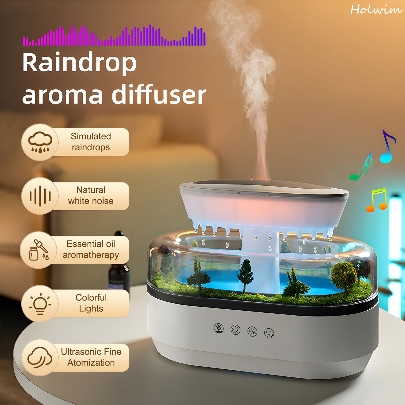 Holwim Essential Oil Flame Diffuser 250ml Cloud Rain Humidifier Water Drip Aromatherapy Diffuser Air Humidifier with 7 Colors Li