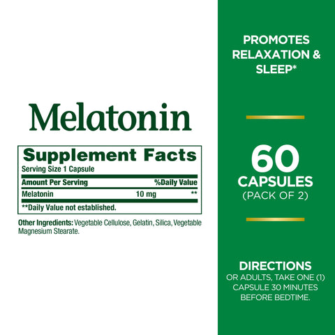 Nature's Bounty Melatonin, 100% Drug Free Sleep Aid, Dietary Supplement, Promotes Relaxation and Sleep Health, 10mg, 60 Count(Pa