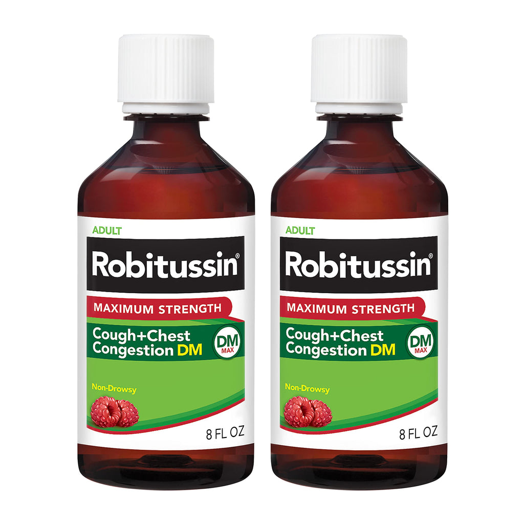 Robitussin Adult Maximum Strength Cough Plus Chest Congestion DM Max, Cough Suppressant and Expectorant, Raspberry Flavor, 8 Fl 