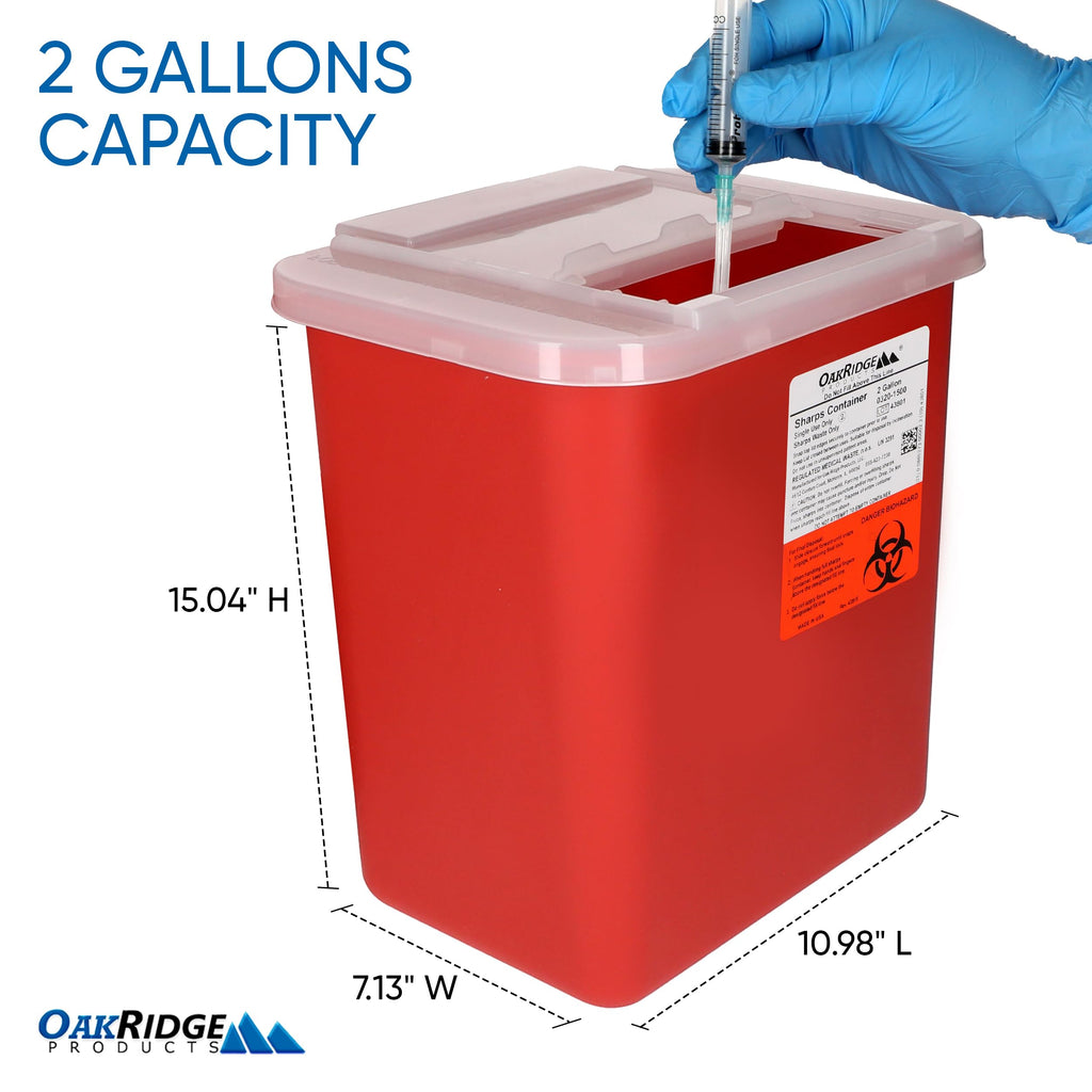 Oakridge Products Large Sharps Container for Home Use and Professional 2 Gallon (2-Pack) with Sliding Top, Biohazard Needle and