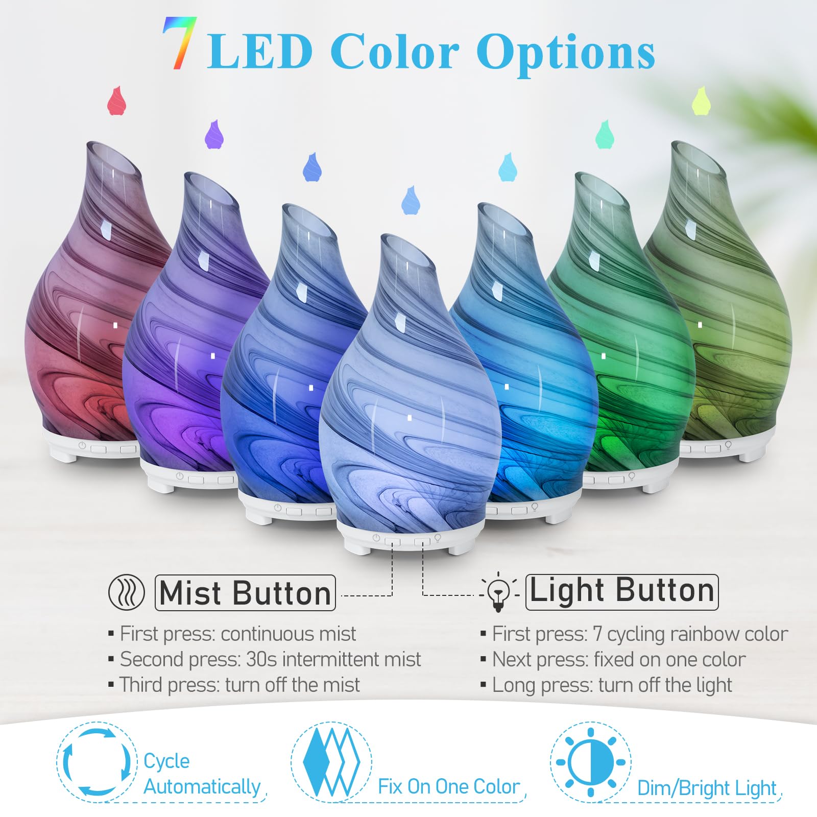 Essential Oil Diffuser 120ML Glass Ultrasonic Aromatherapy Oil Diffuser-Aroma Humidifier Glass Diffuser,7 Color Changing Light W