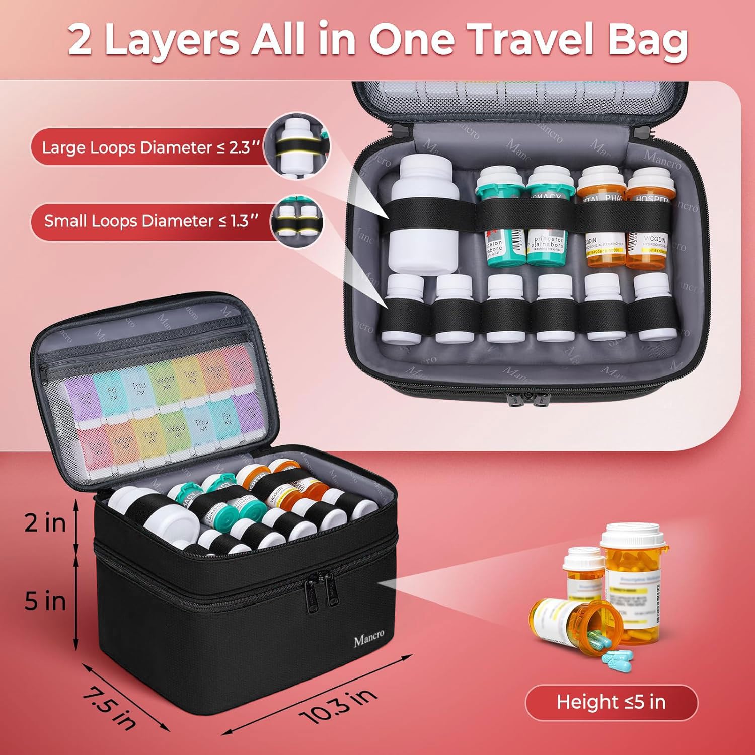 Mancro Dual Layers Medicine Organizer Bag, Pill Bottle Organizer Storage with Lockable Zipper, Medication Travel Bag for Pills,