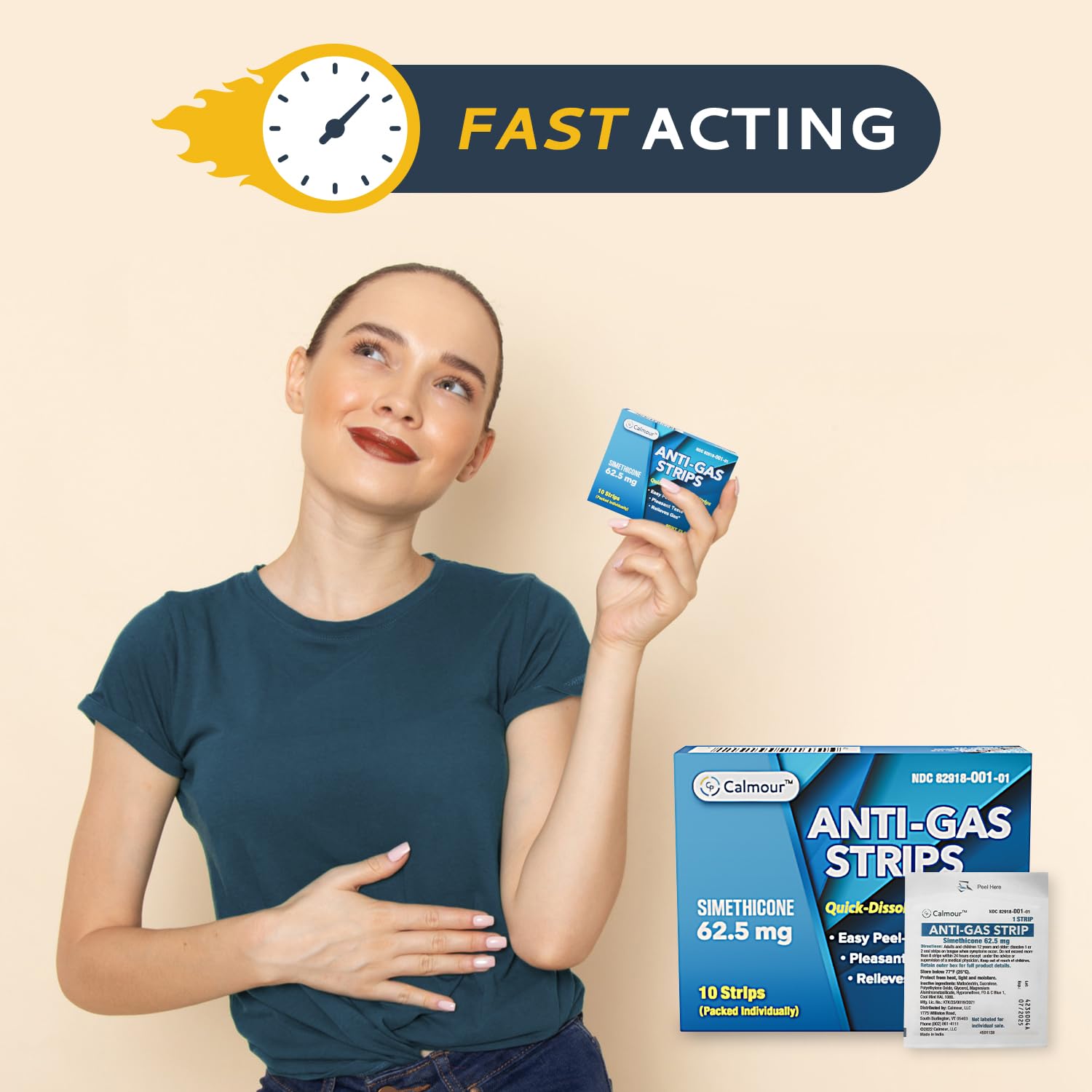 CALMOUR Anti Gas Relief 10 Strips | Mint Flavor Oral Dissolvable Anti Bloating Relief Strips | Rapid Gas Relief for Adults | Eff