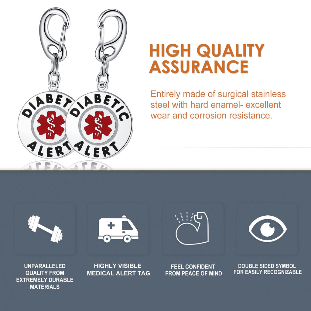 Divoti Diabetic Alert Bag Tag 1.25 - with Quick Clip | Pre-Engraved Stainless Steel Dual-Sided | Bold Lettering