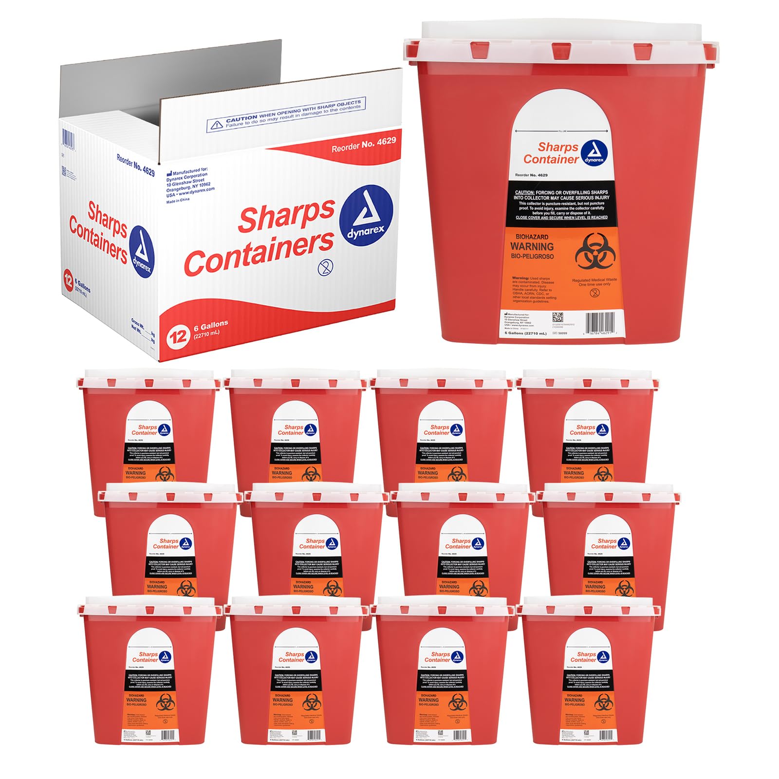 Dynarex 4629 Sharp Container, Provides a Safe Disposal of Medical Waste and Needles, Non-Sterile & Latex-Free, 6 Gallons, Made w