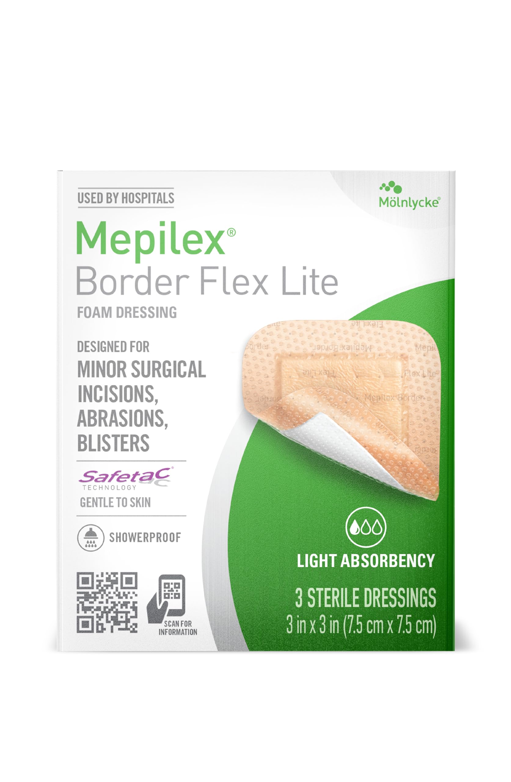 Mepilex Border Flex Lite 3 x 3 in (7.5x7.5 cm) Hospital Grade Dressings for Minor Surgical Incisions, Abrasions and Blisters for