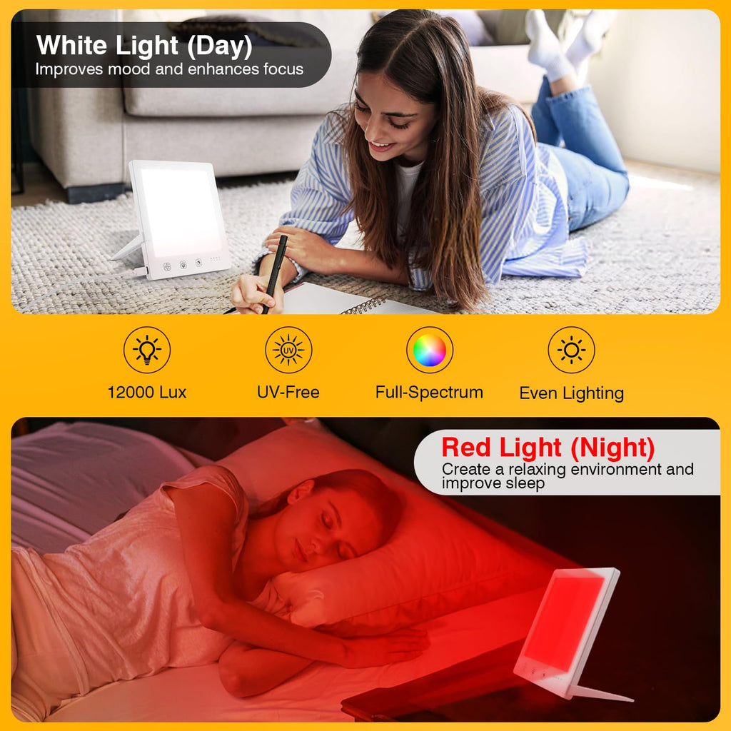 GQP Light Therapy Lamp and Red Light Therapy for Face, UV-Free Sun Lamp with 660nm Red Light and 12000 Lux Bright White Light, w