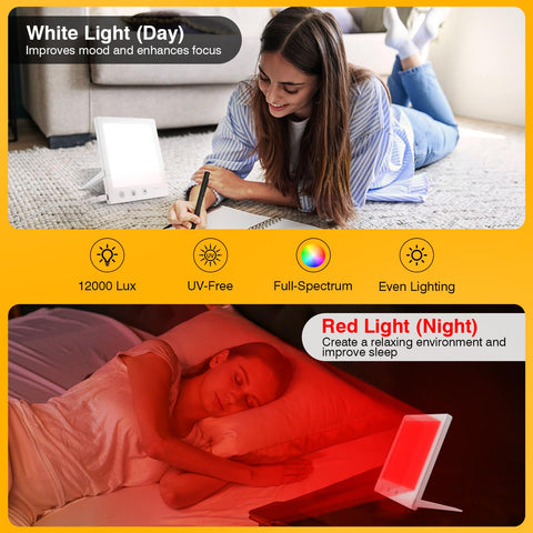GQP Light Therapy Lamp and Red Light Therapy for Face, UV-Free Sun Lamp with 660nm Red Light and 12000 Lux Bright White Light, w
