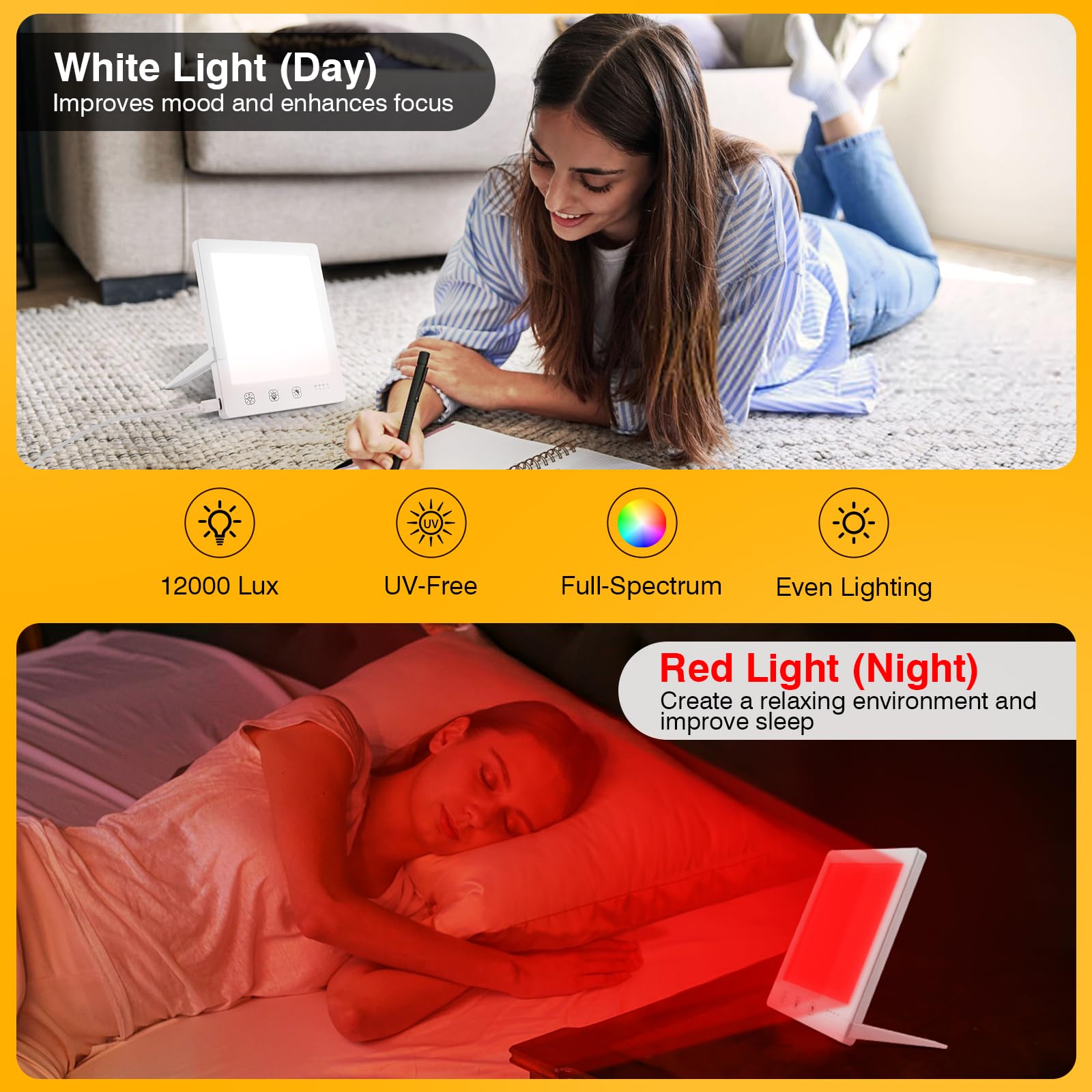 GQP Light Therapy Lamp and Red Light Therapy for Face, 660nm RL and 12000 Lux Bright White, UV-Free Sun Lamp, Detachable Stand,