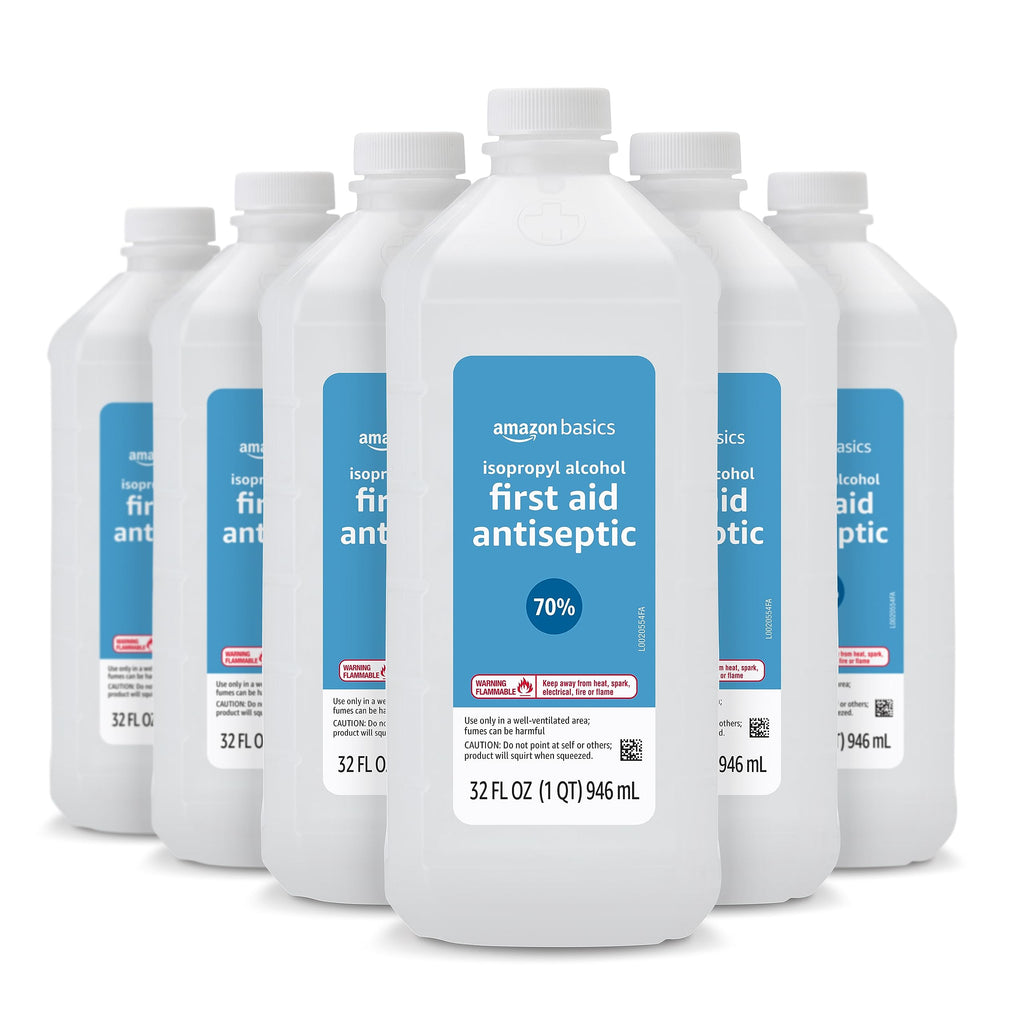 Amazon Basics 70% Isopropyl Alcohol First Aid Antiseptic for Treatment of Minor Cuts and Scrapes, Unscented, 32 Fl Oz (Pack of 6
