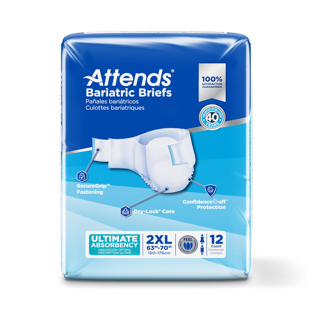 Attends Bariatric Briefs with Advanced DermaDry Technology for Adult Incontinence Care, XX-Large, Unisex, 12 Count