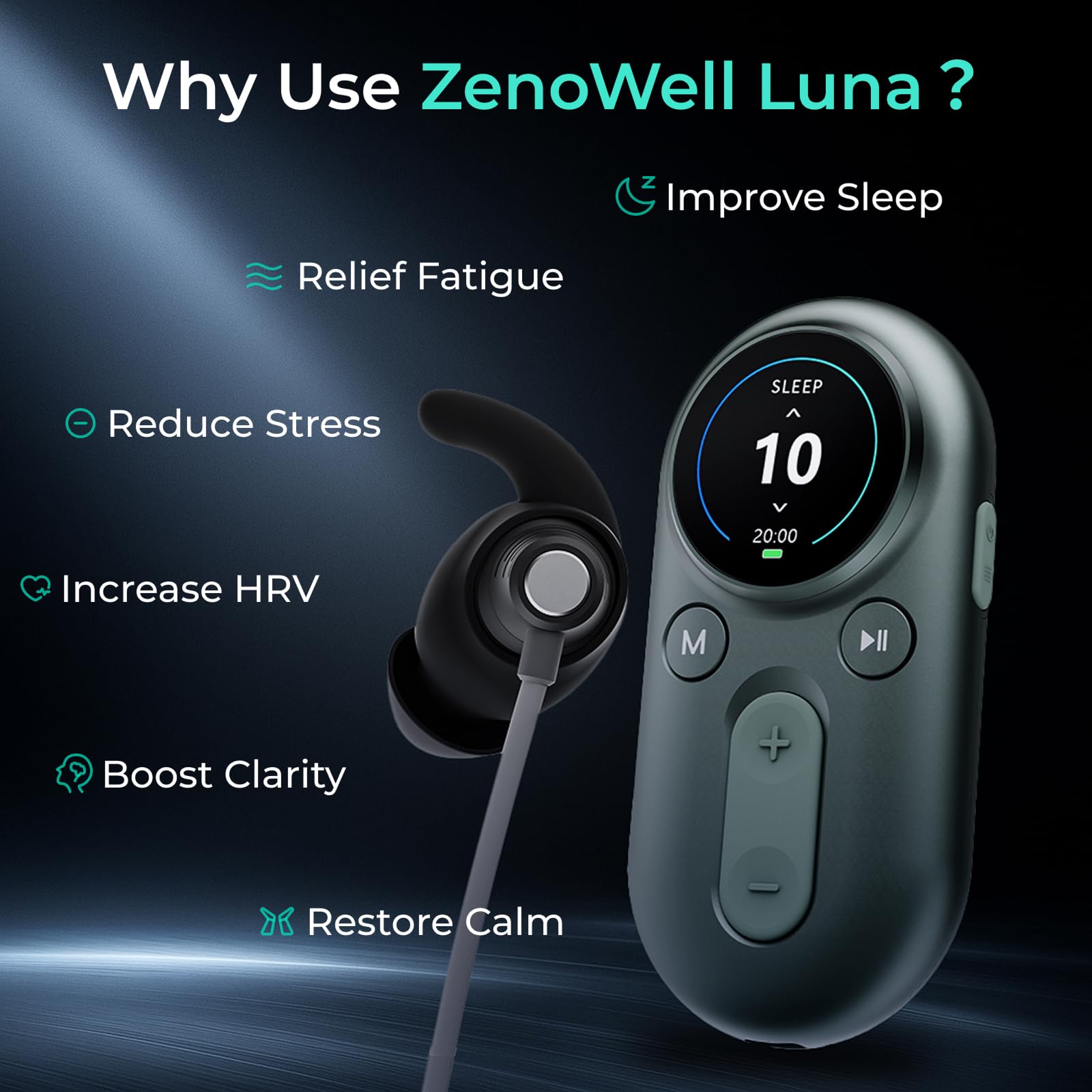 Zenowell Luna for Better Sleep, Patented Relaxation Technology Device with Earpiece, Stress, Anxiety Relief, Improve Digestion,