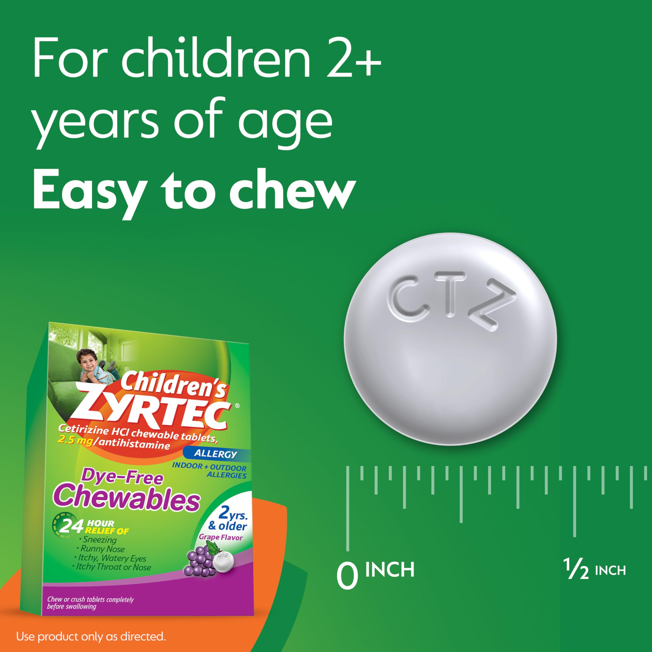 Zyrtec Childrens Dye-Free Chewables for 24 Hour Allergy Relief, 2.5 mg Cetirizine HCl Antihistamine Tablets, Kids Allergy Medic