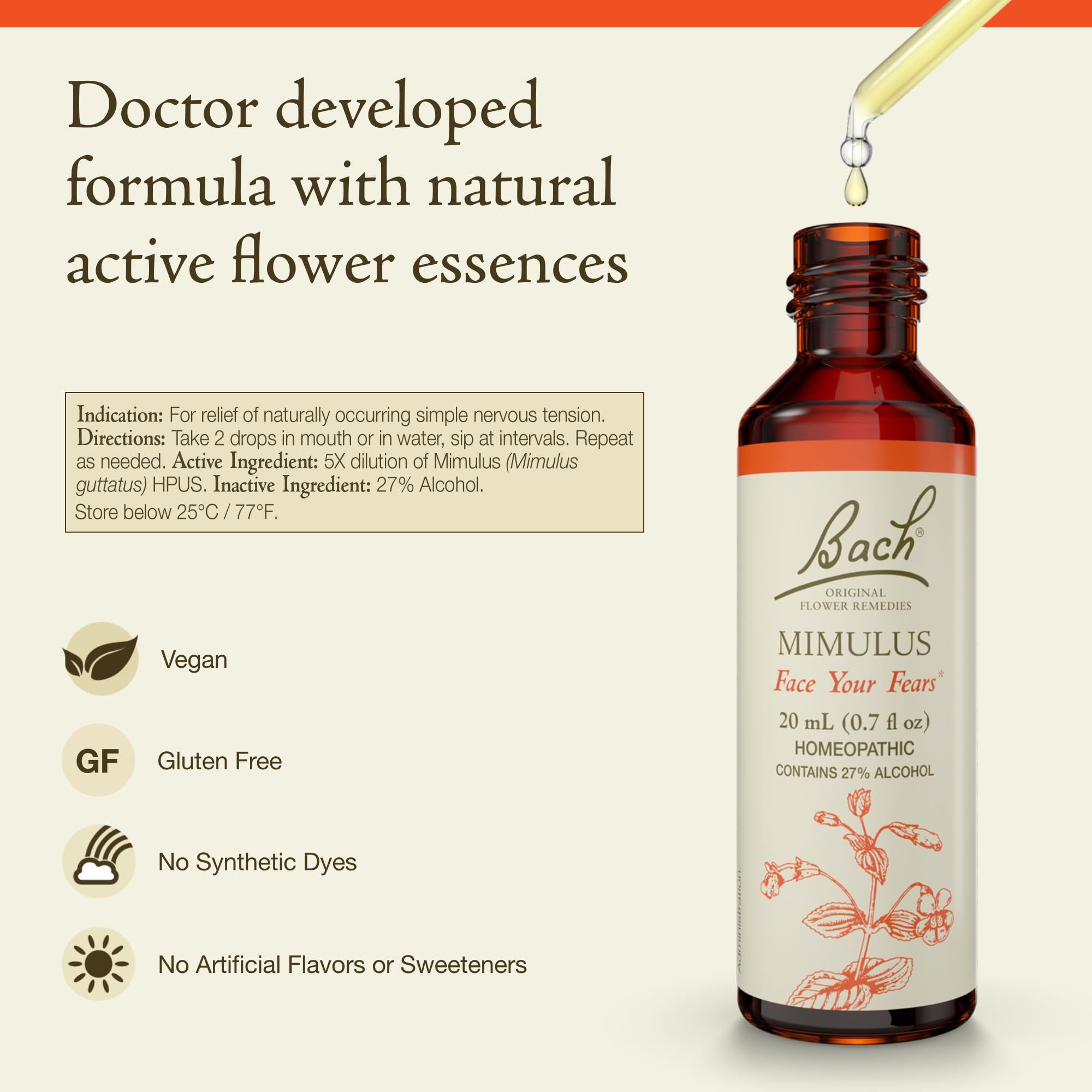 Bach Original Flower Remedies, Mimulus - Face Your Fears - Natural Homeopathic Flower Essence for Emotional Balance - Vegan, Glu