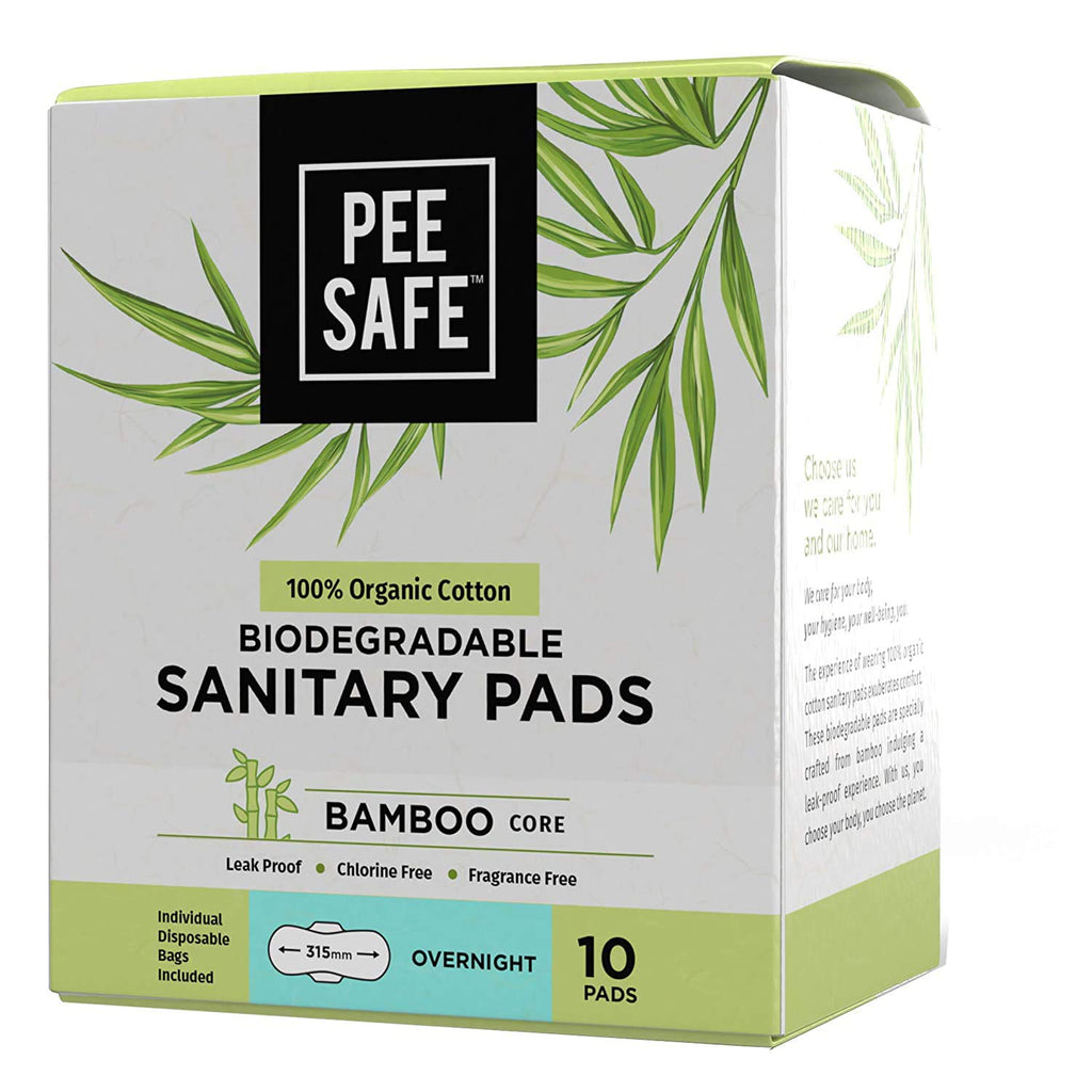 Pee Safe Biodegradable Sanitary Pads - Overnight (Pack of 10) | 100% Organic Cotton & Bamboo Pulp | Organic Sanitary Pads | Cott
