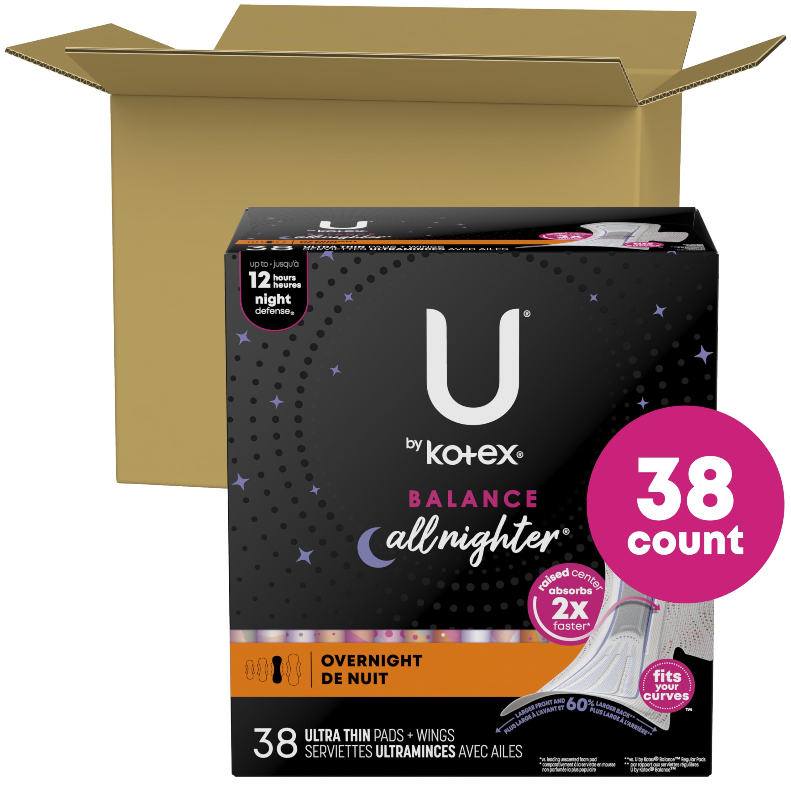 U by Kotex Balance Overnight Pads with Wings, Ultra Thin, 38 Count