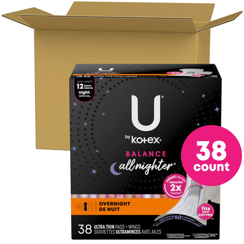 U by Kotex Balance Overnight Pads with Wings, Ultra Thin, 38 Count