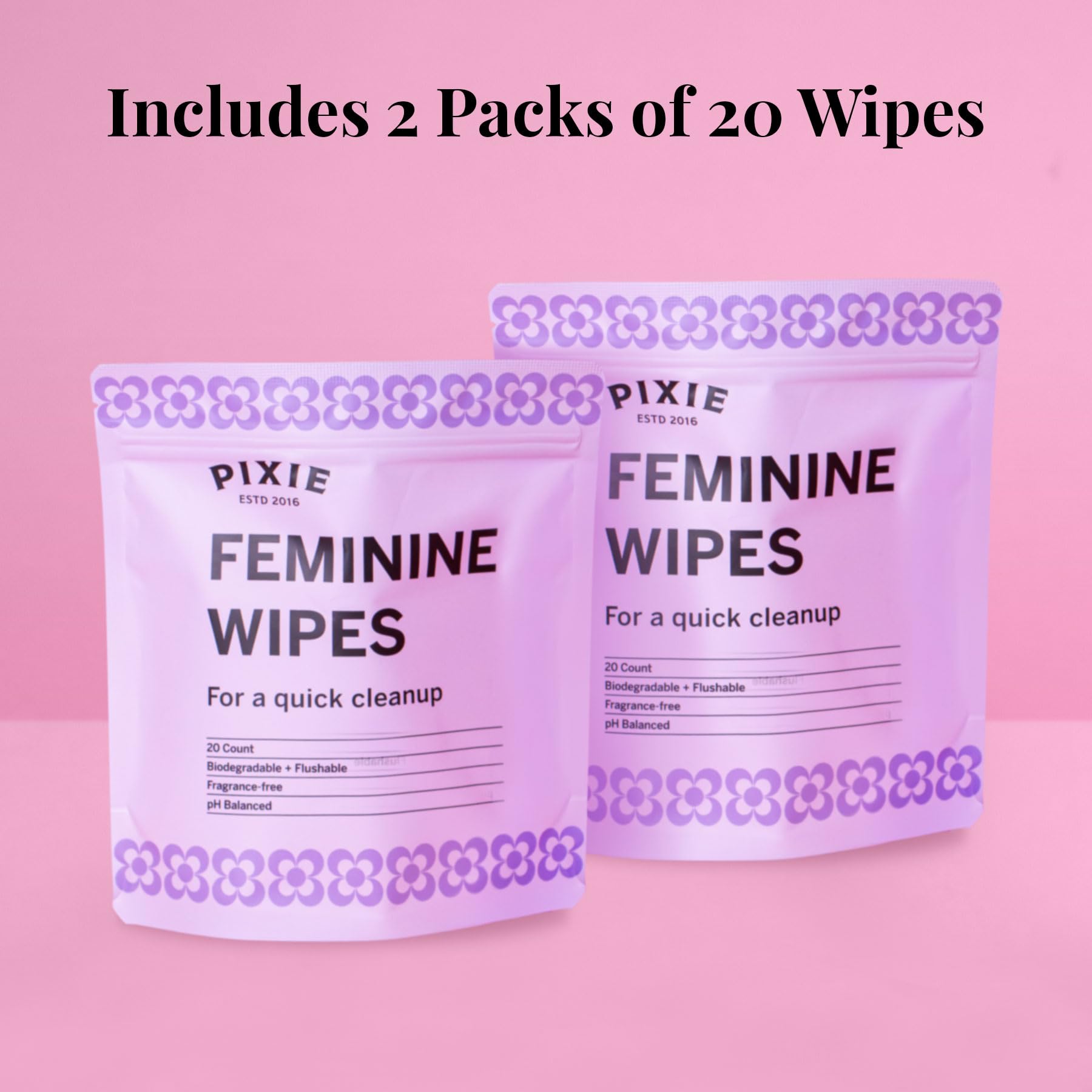Pixie Feminine Wipes - Flushable, Biodegradable, & Ph Balanced - Best Individually Wrapped Body Wipes for On The Go & Public Bat