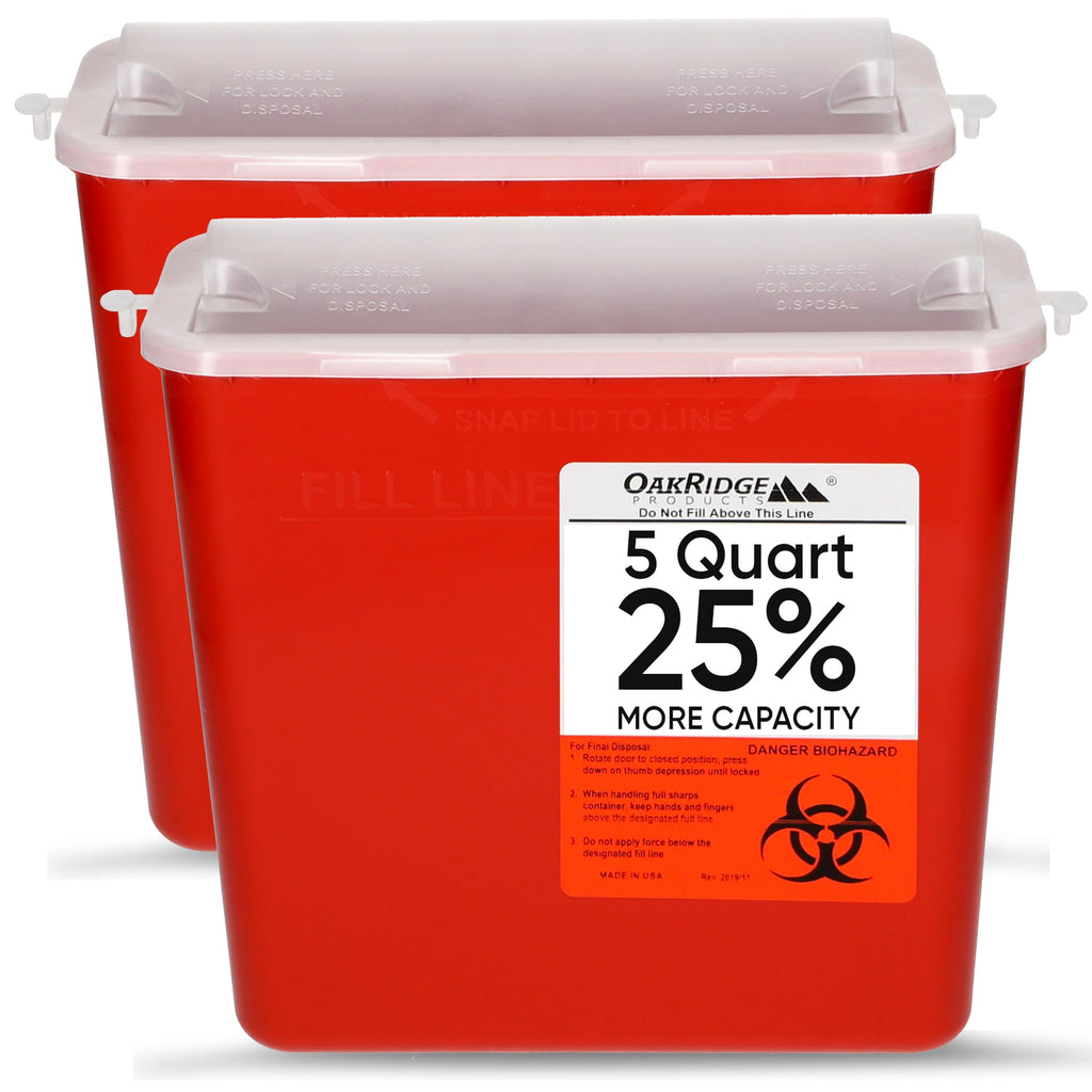 Oakridge Products Sharps Container for Home Use and Professional 5 Quart (2-Pack), Biohazard Needle and Syringe Disposal, Horizo