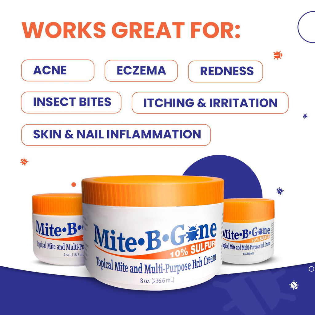 Mite-B-Gone Mite Cream & Bite Relief - 10% Natural Blend Sulfur Cream for Multi-Purpose Bites, Redness, Itching, & Irritation |