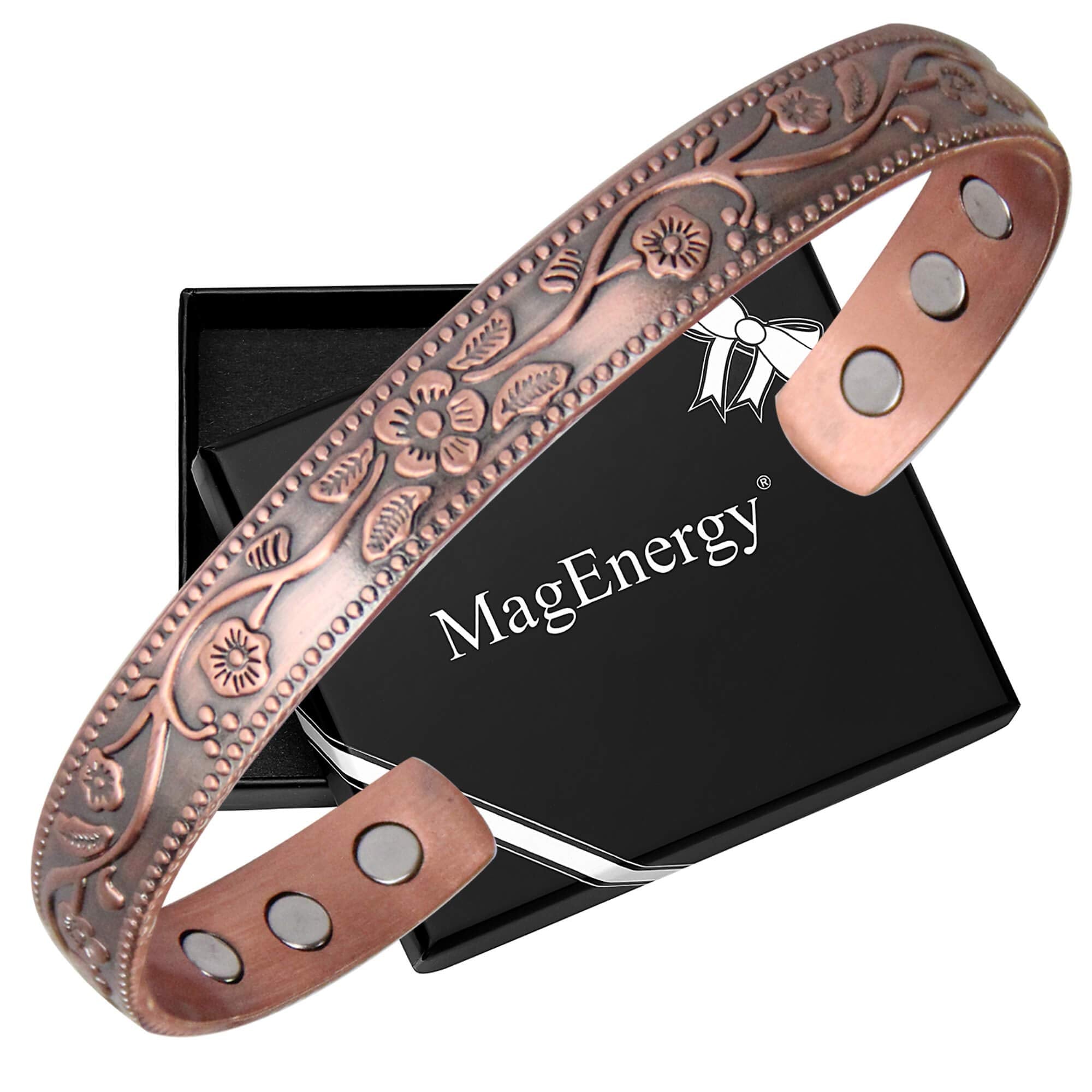 MagEnergy Copper Bracelets for Women, 99.9% Pure Copper Vintage Flower Magnetic Bangle with 3500 Gauss Magnets,6.8 Adjustable Cu