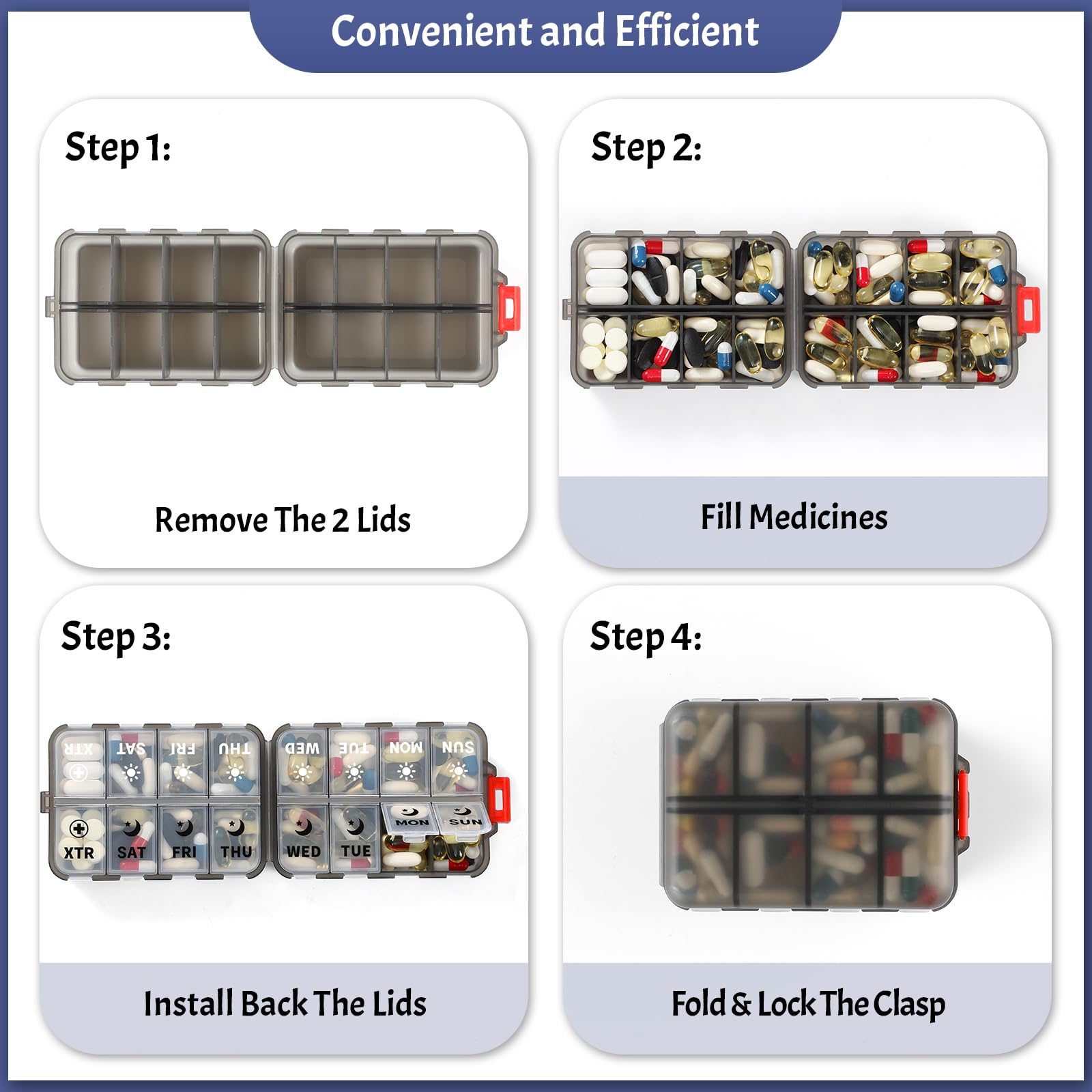 Foldable Weekly Pill Organizer 2 Times a Day with 2 Extra Compartments (Clear Printed Labels) - 7 Day AM PM Medicine Box, Week D