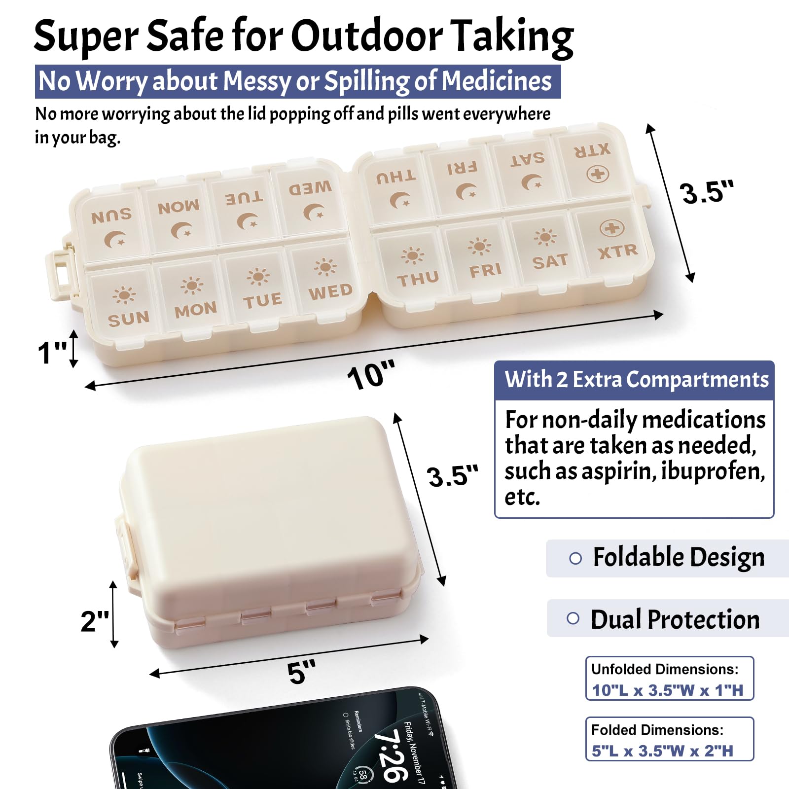 Foldable & Portable Pill Organizer 2 Times A Day with Extra Compartments - Etched Labels - Weekly 7 Day AM PM Medicine Box, Week