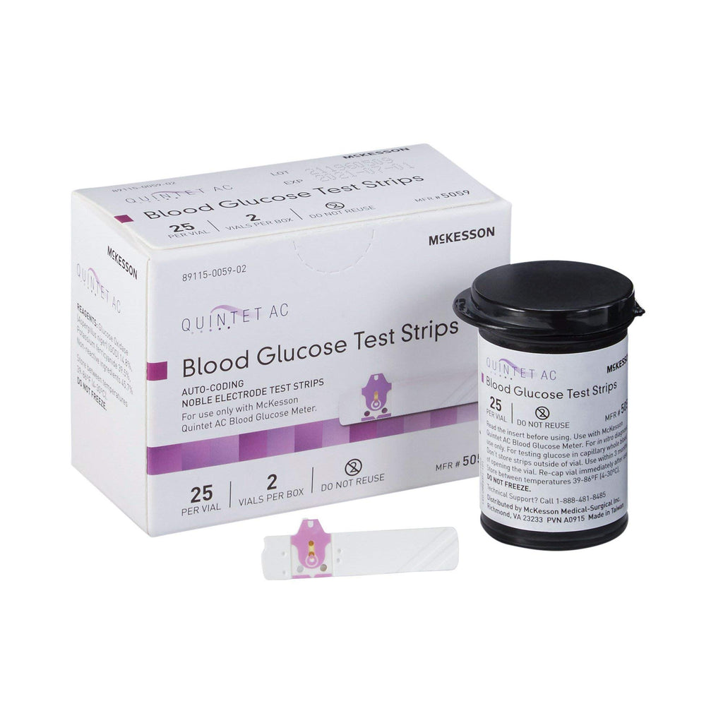 McKesson QUINTET AC Blood Glucose Test Strips - Auto Coding, Noble Electrode Strips, for Self-Testing and Point-of-Care Testing 