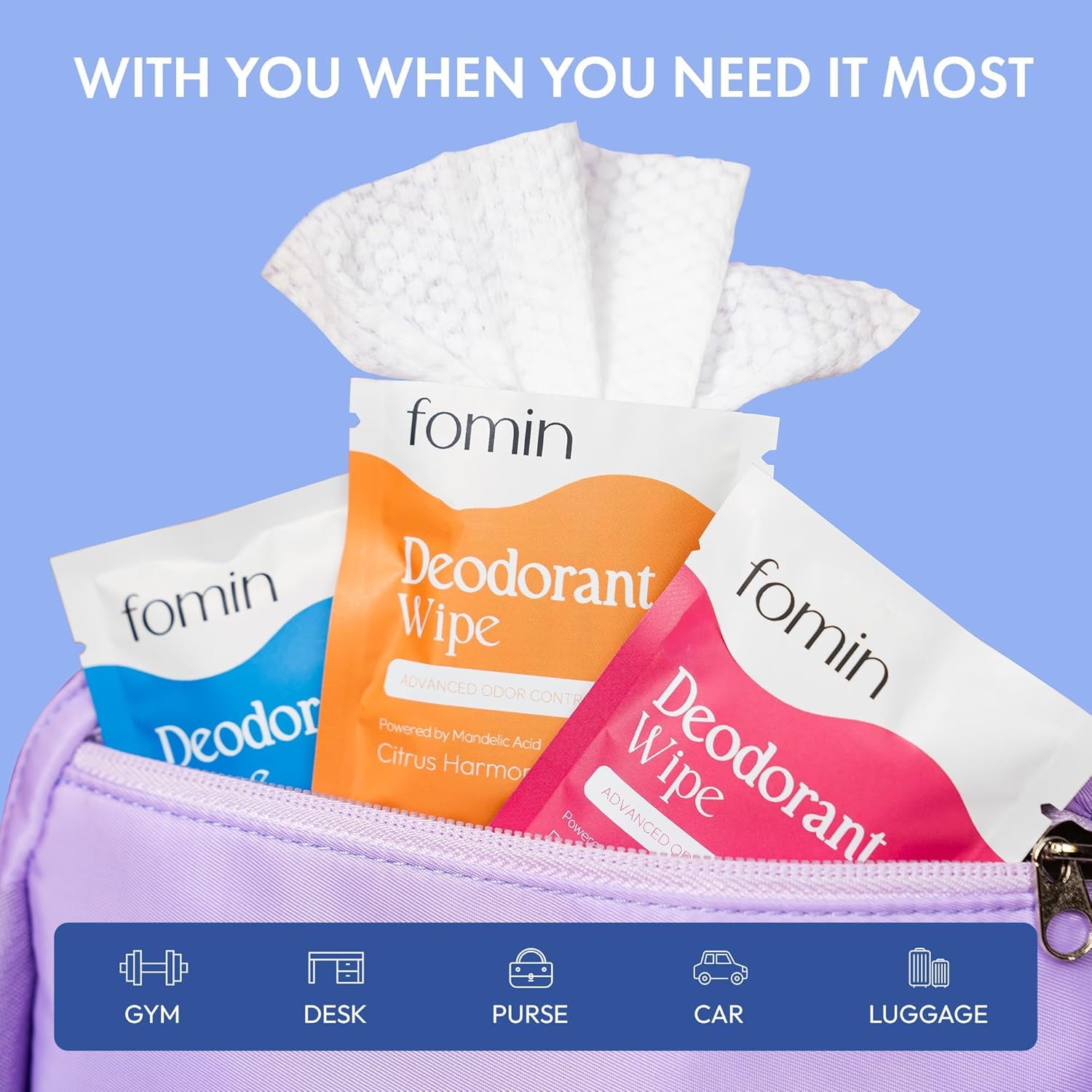 FOMIN Acidified Travel Deodorant Wipes For Women & Men - 50 Count - Variety Pack - pH Balanced, Mini Deodorant Travel Size Wipes
