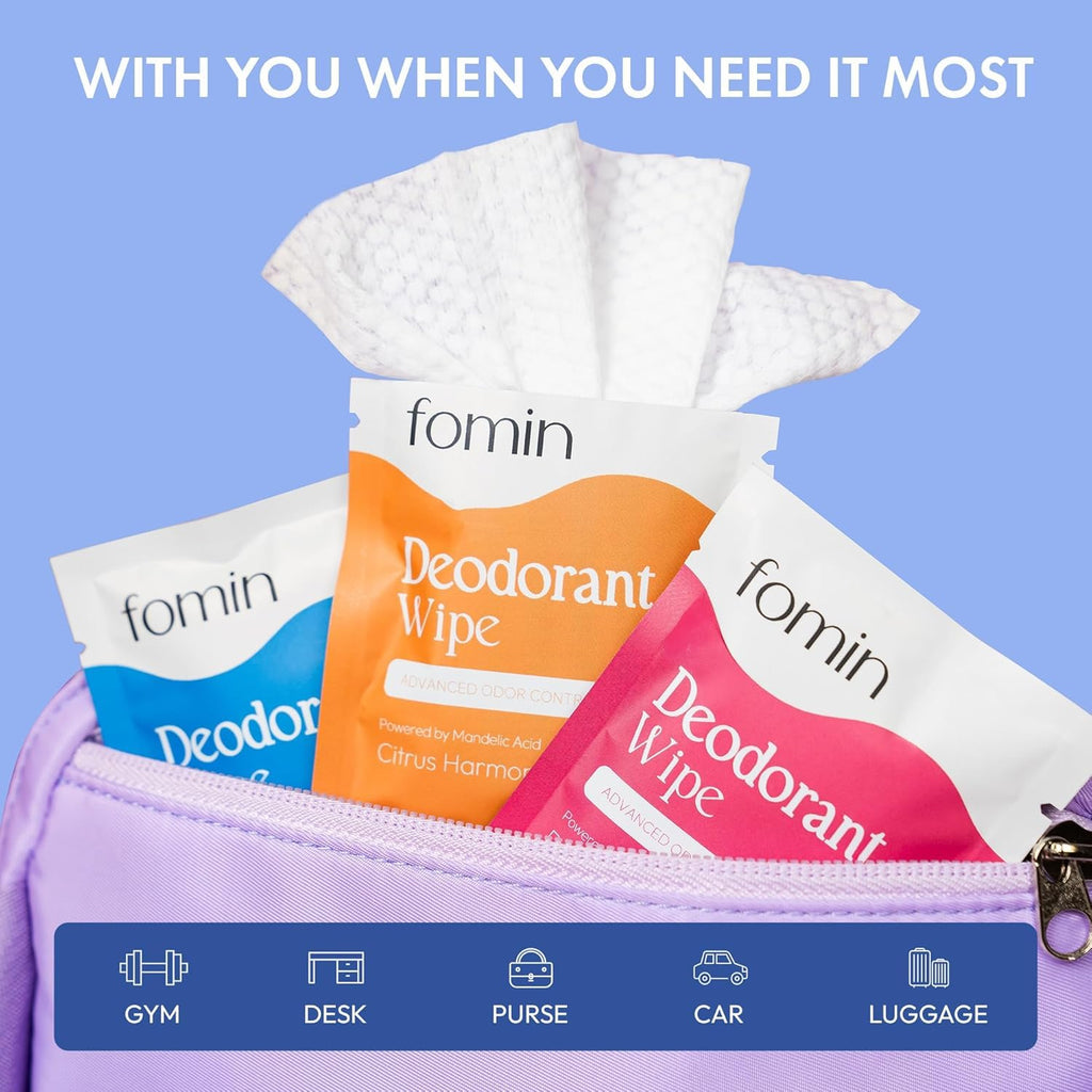 FOMIN Acidified Travel Deodorant Wipes For Women & Men - 50 Count - Variety Pack - pH Balanced, Mini Deodorant Travel Size Wipes