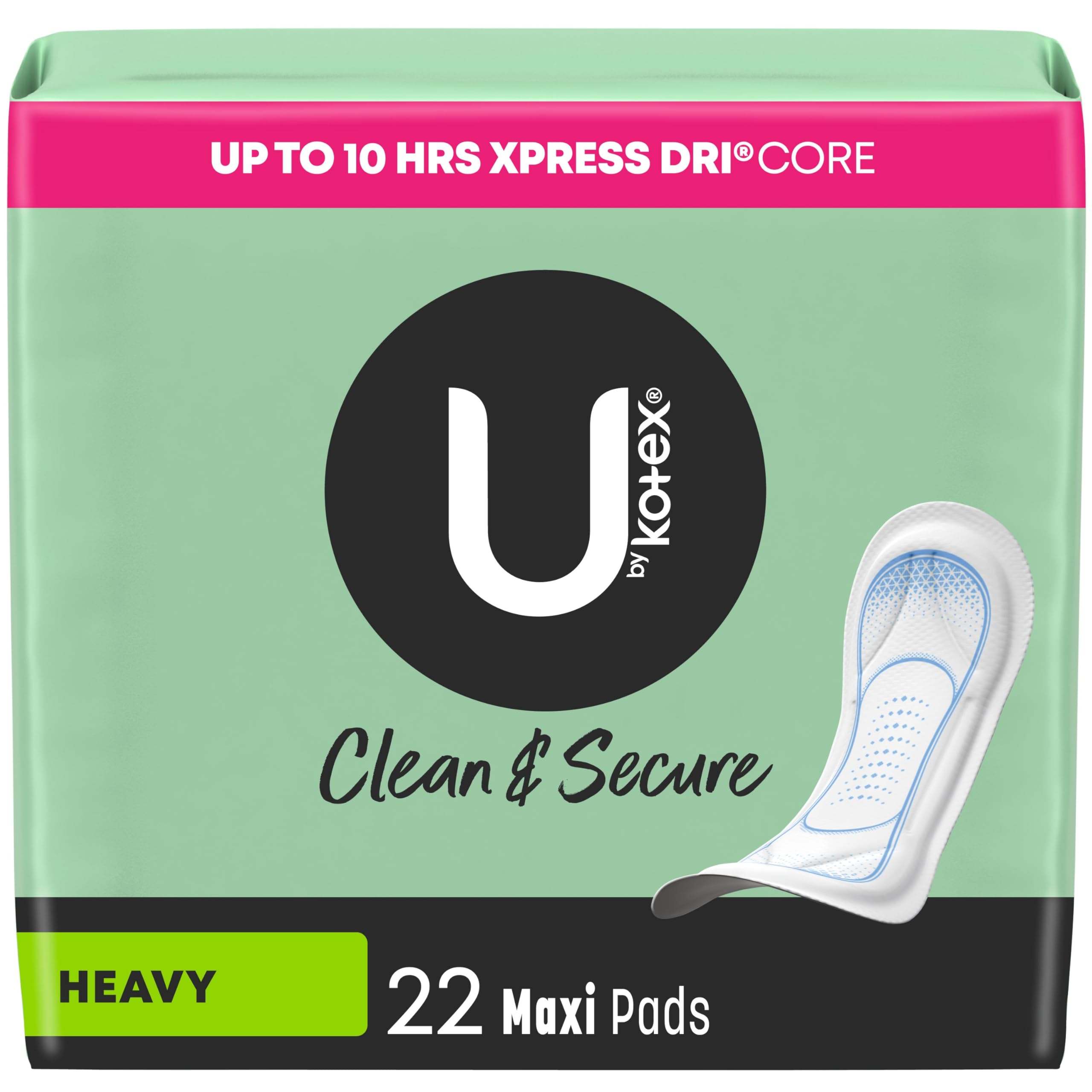 U by Kotex Maxi Pads, Clean & Secure, Heavy Absorbency, 22 Count (Packaging May Vary)