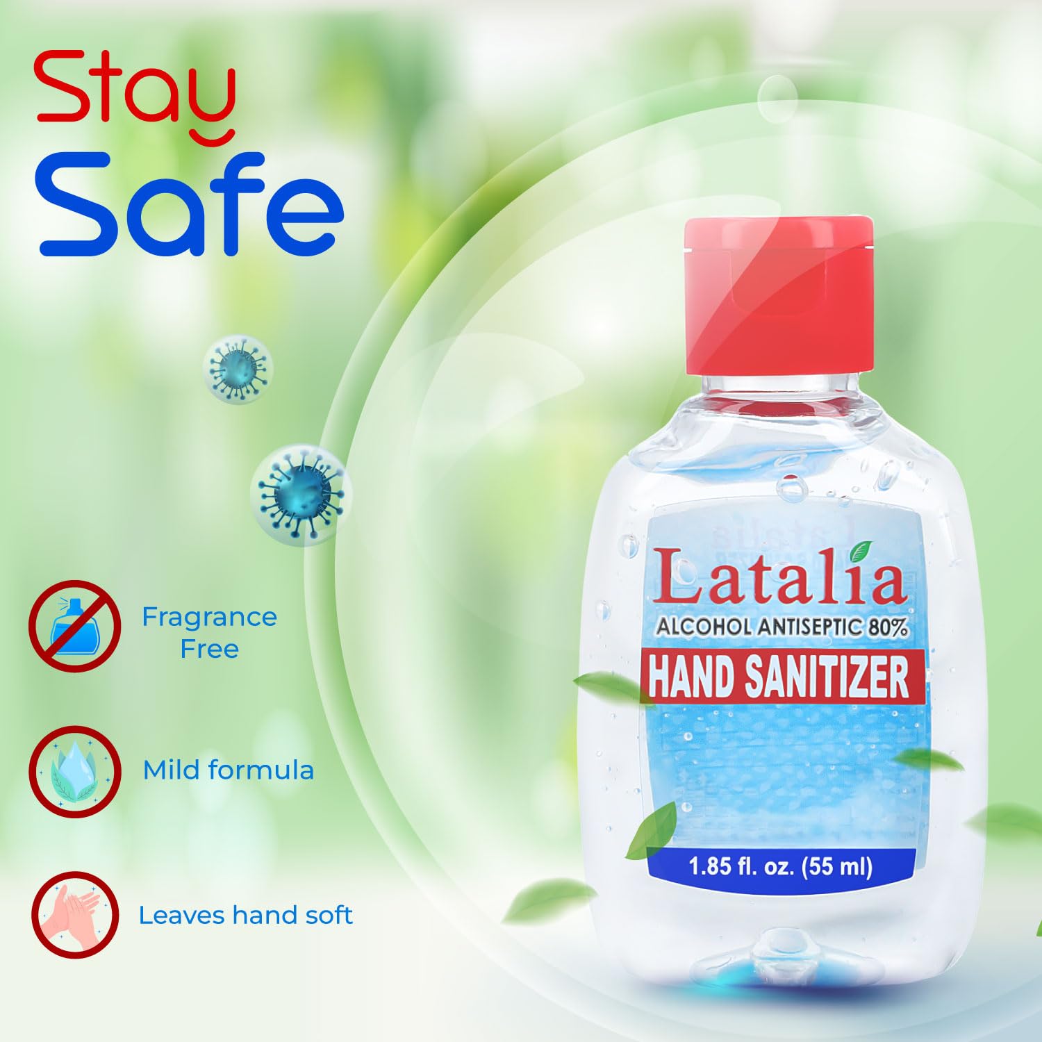 Latalia Mini Hand Sanitizer - Pack of 12 Travel Hand Sanitizers - Unscented Mini Clean Scent Non-Drying Gel (55ml & 1.85 fl. oz)