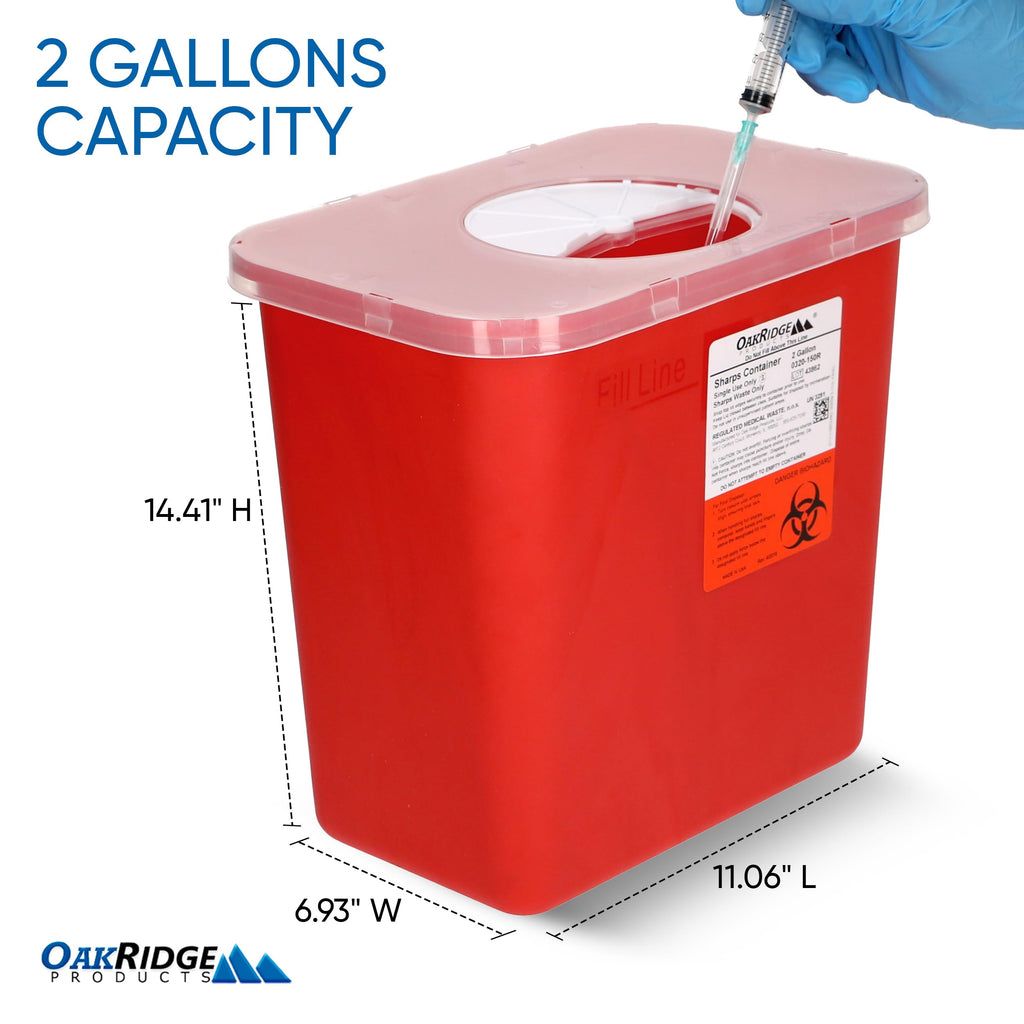 Oakridge Products Large Sharps Container for Home Use and Professional 2 Gallon (2-Pack) with Rotating lid, Biohazard Needle and
